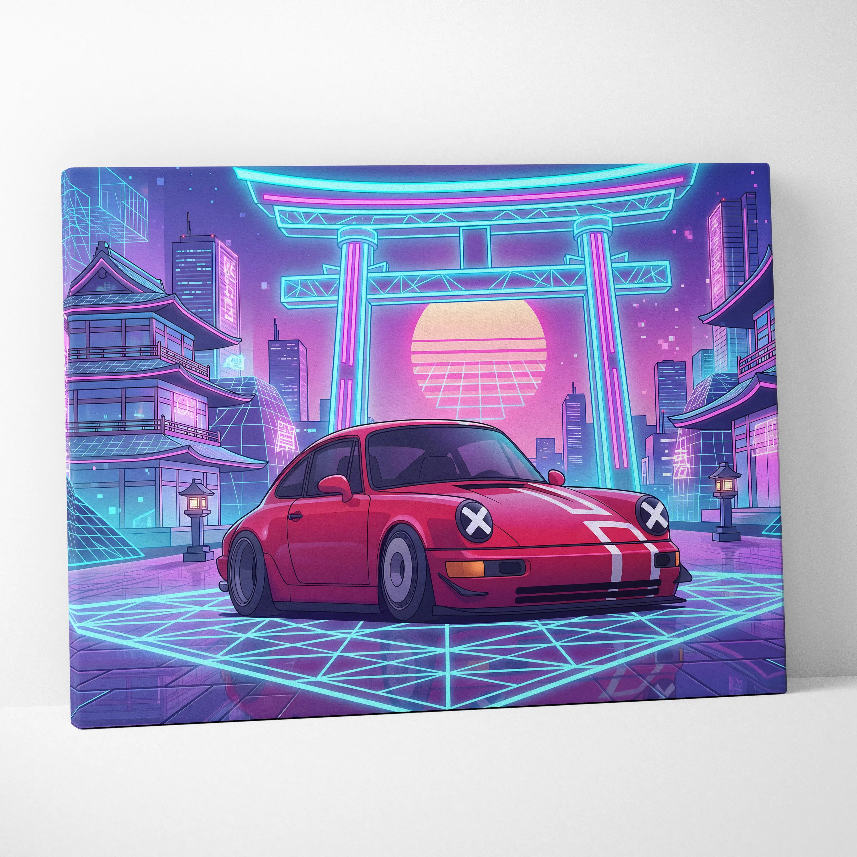 Classic Porsche 911 Inspired Neon Vapor City Drive - Car Neon Pink Blue Living Room Vaporwave Moody Retro Synthwave Canvas