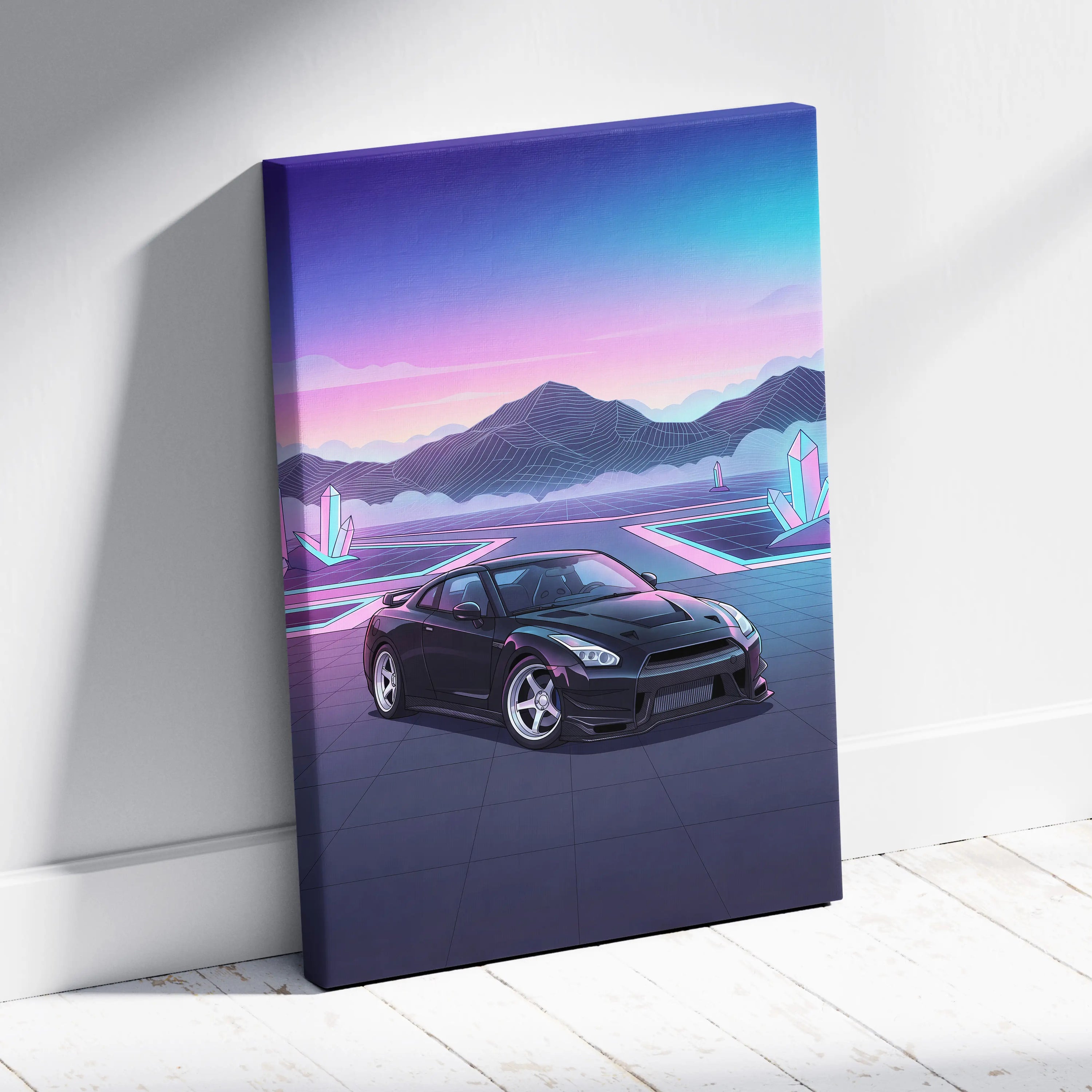 Nissan R35 GTR Inspired Vaporwave Neon Car Art - Automotive Art Neon Pink Purple Dreamy Synthwave Canvas