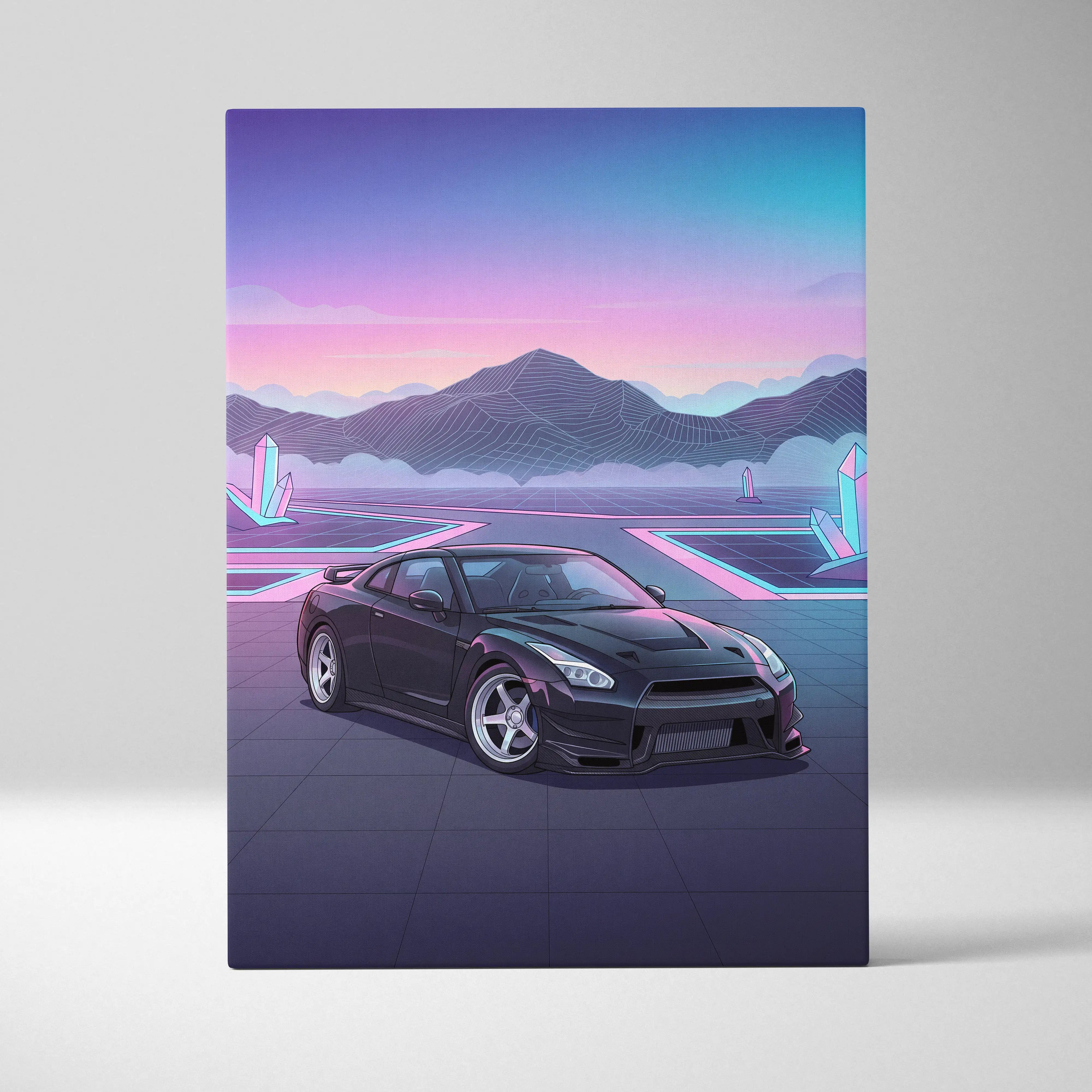 Black Nissan R35 GT-R sports car with sleek aerodynamic design and silver alloy wheels in retro-futuristic neon landscape
