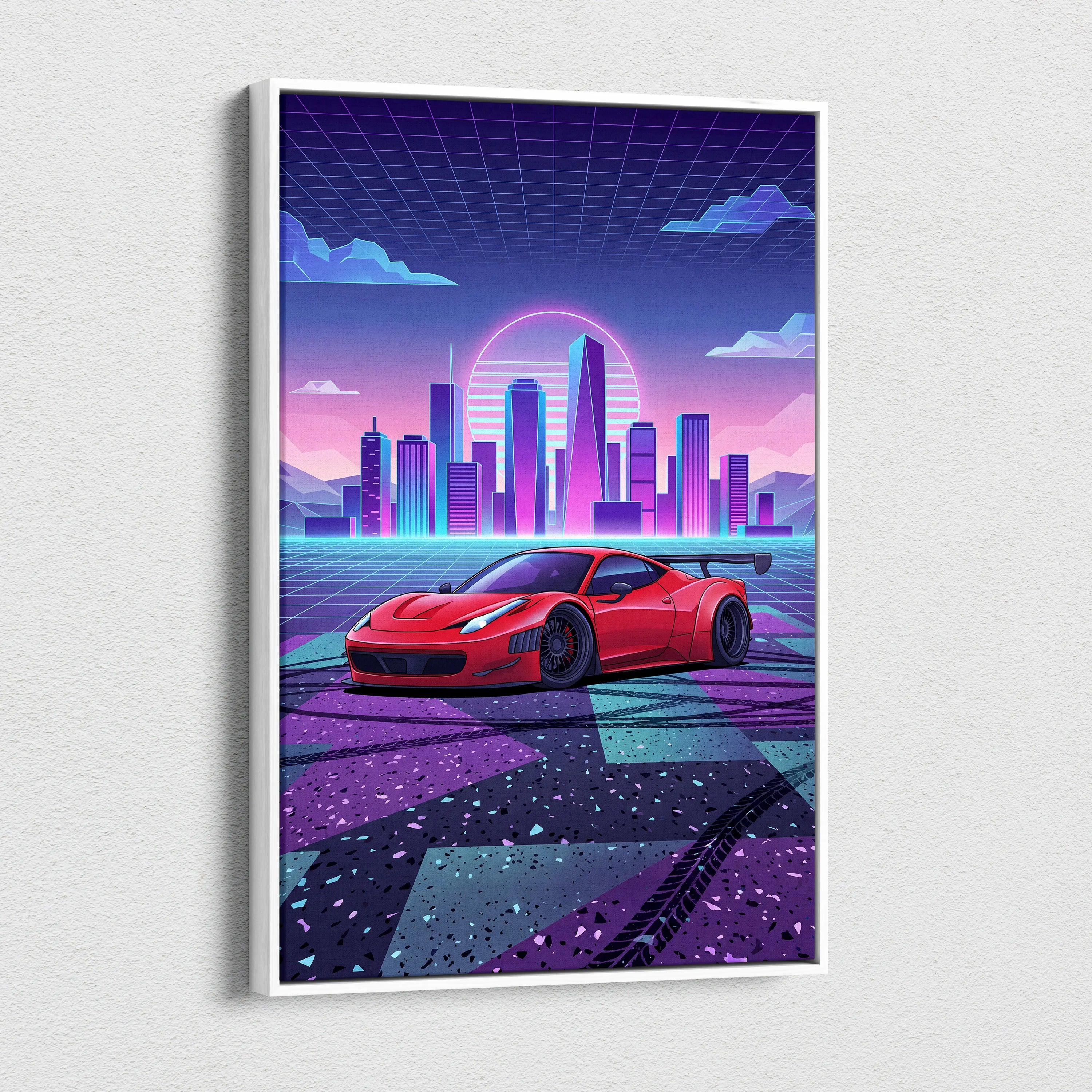 Ferrari 458 Italia Inspired Vaporwave Neon City Car Scene - Car Neon Pink Living Room Vaporwave - Nostalgic Mood Art