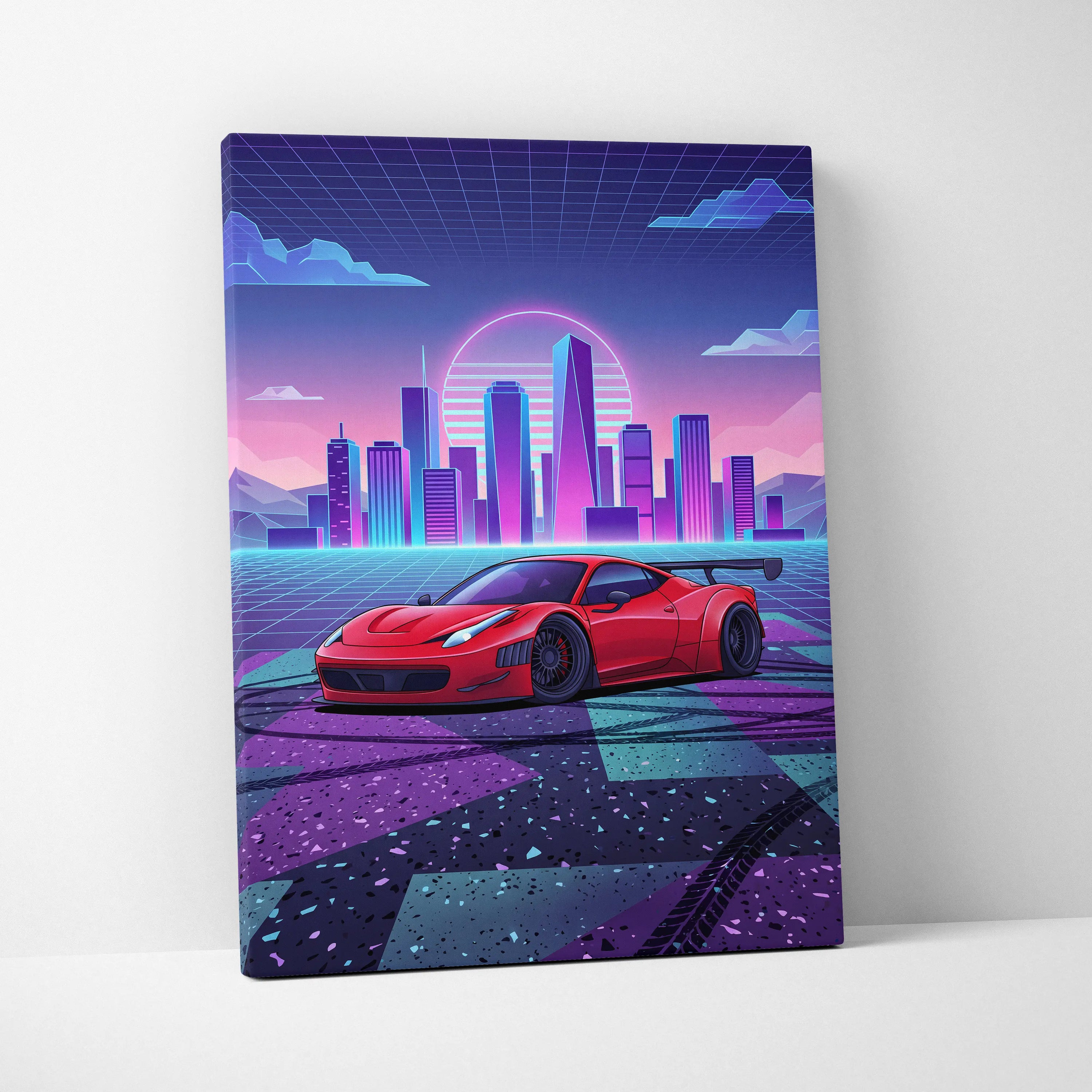Ferrari 458 Italia Inspired Vaporwave Neon City Car Scene - Car Neon Pink Living Room Vaporwave - Nostalgic Mood Art