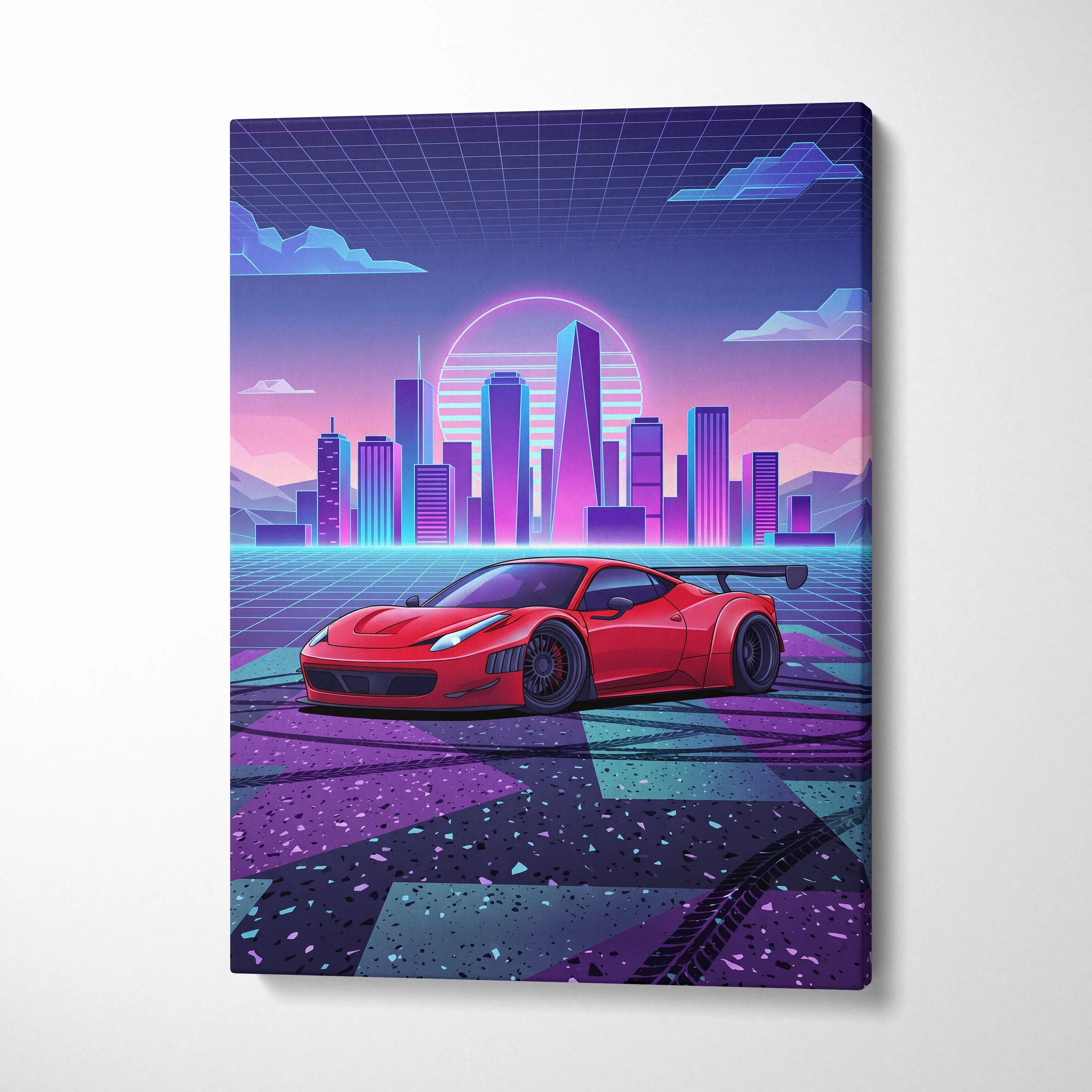 Ferrari 458 Italia Inspired Vaporwave Neon City Car Scene - Car Neon Pink Living Room Vaporwave - Nostalgic Mood Art