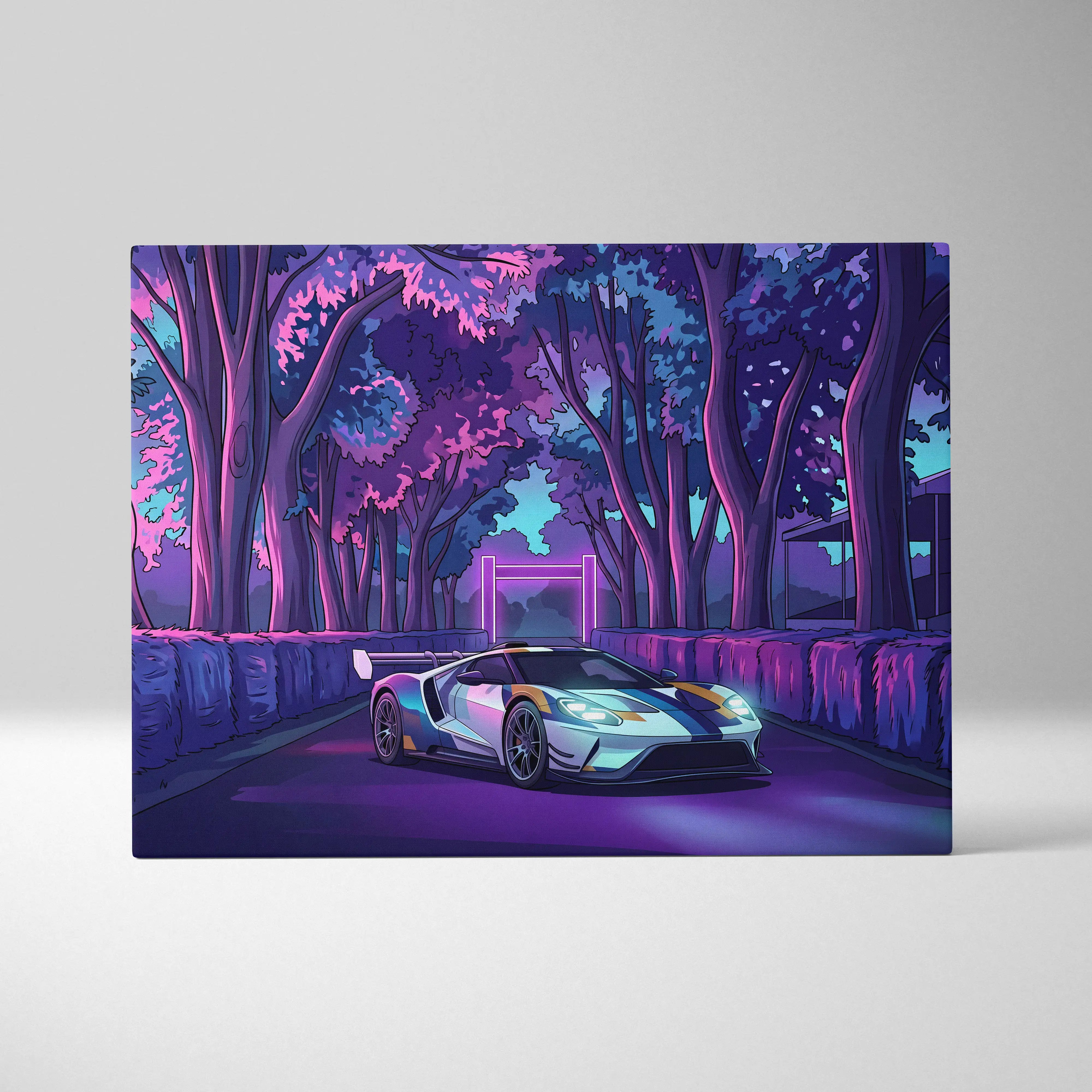 Nebula-pink and violet neon-lit ford gt racing car canvas print for vaporwave supercar wall art and retro garage decor