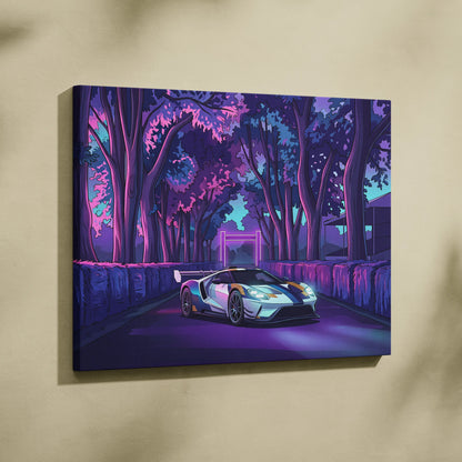 Ford GT Inspired White Blue Canvas Wall Art, Vaporwave Supercar Artwork, Neon Forest Garage Decor, Retro Futuristic Exotic Car Print