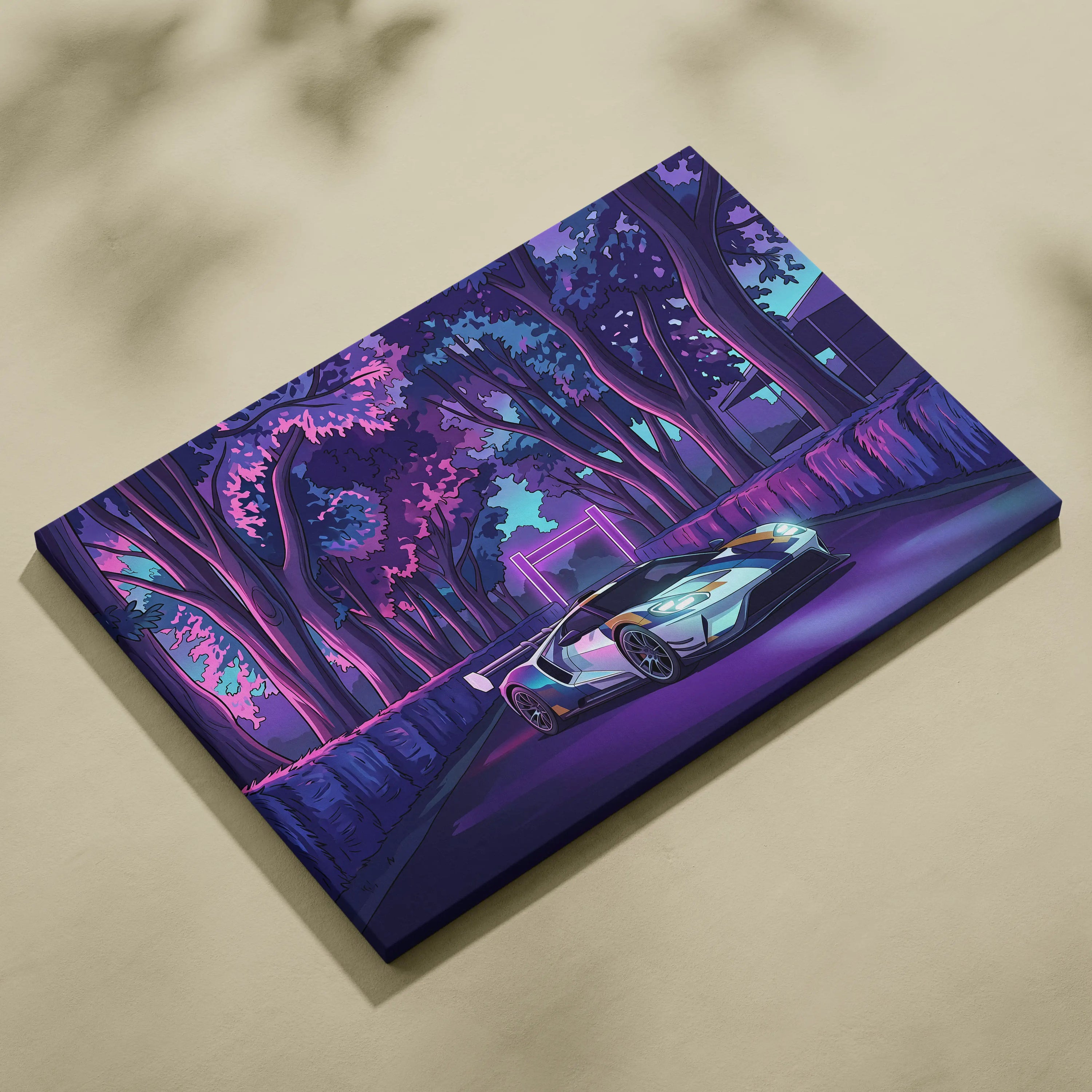 Ford GT Inspired White Blue Canvas Wall Art, Vaporwave Supercar Artwork, Neon Forest Garage Decor, Retro Futuristic Exotic Car Print