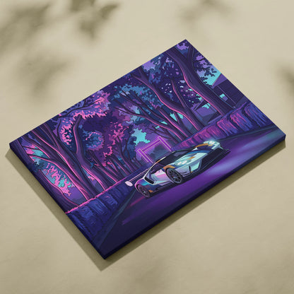 Ford GT Inspired White Blue Canvas Wall Art, Vaporwave Supercar Artwork, Neon Forest Garage Decor, Retro Futuristic Exotic Car Print