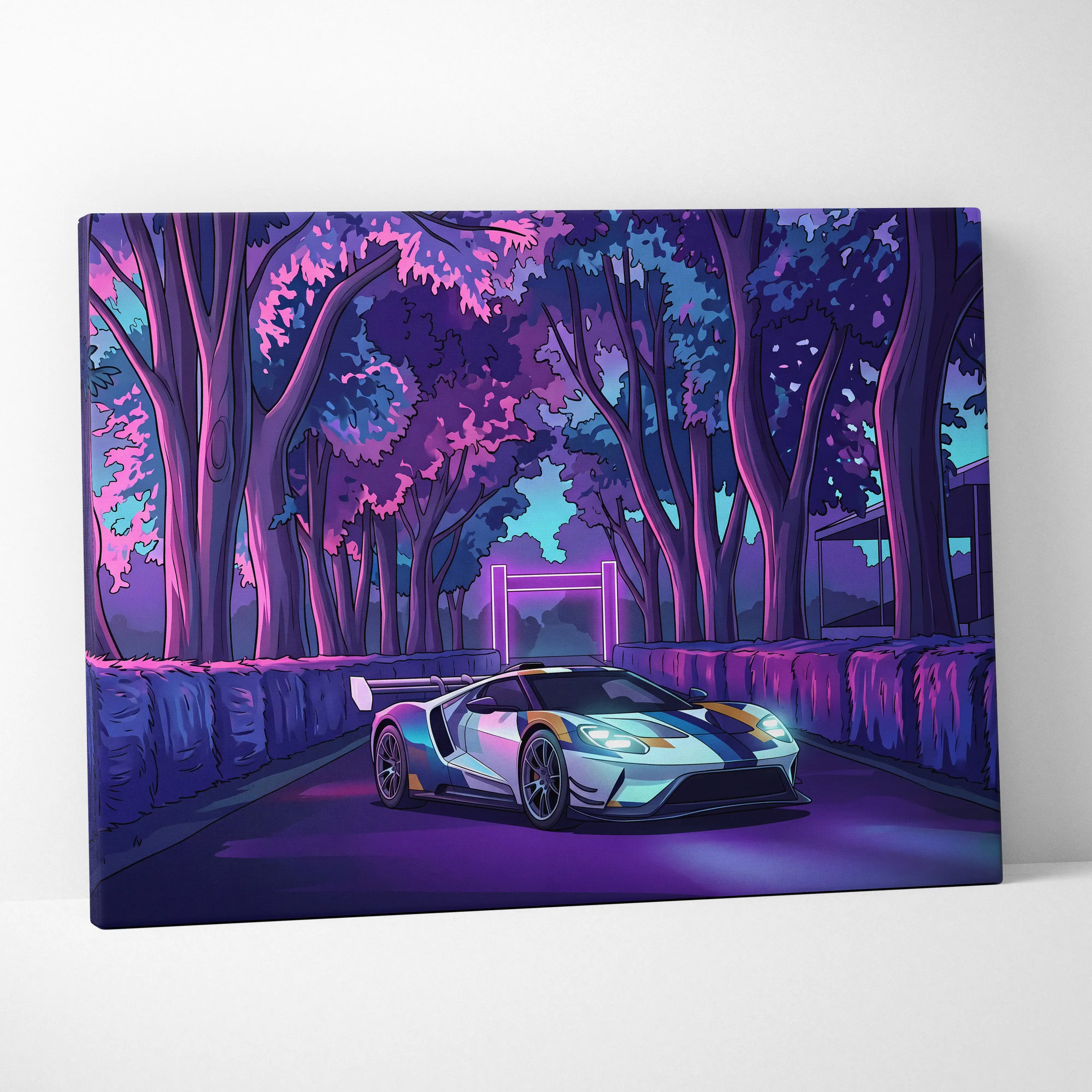 Ford GT Inspired White Blue Canvas Wall Art, Vaporwave Supercar Artwork, Neon Forest Garage Decor, Retro Futuristic Exotic Car Print
