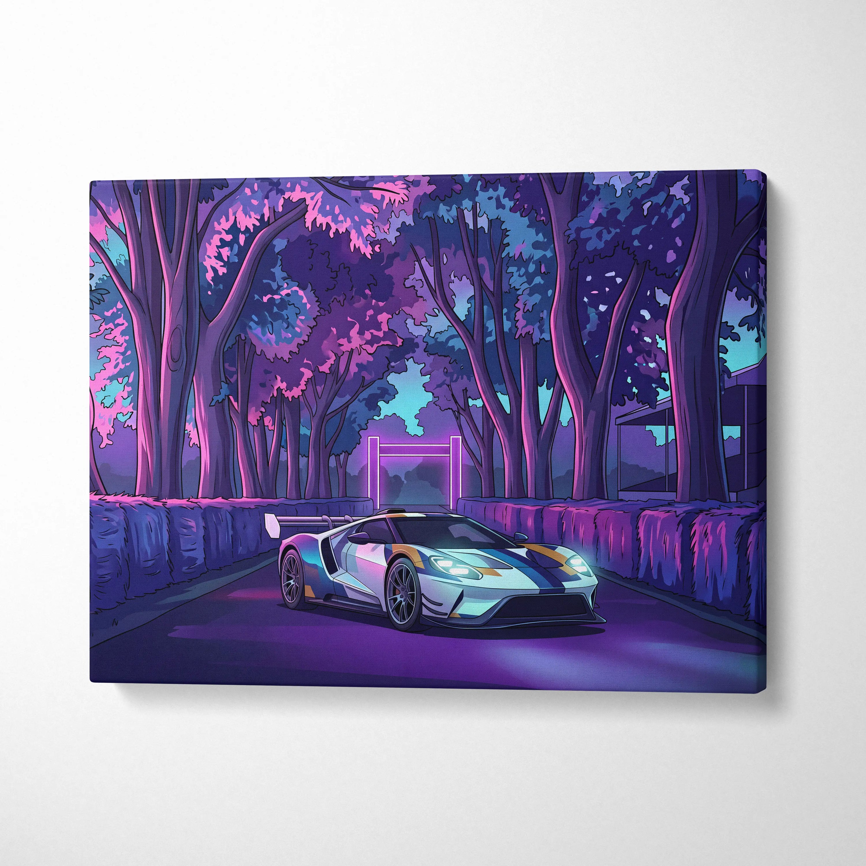Ford GT Inspired White Blue Canvas Wall Art, Vaporwave Supercar Artwork, Neon Forest Garage Decor, Retro Futuristic Exotic Car Print