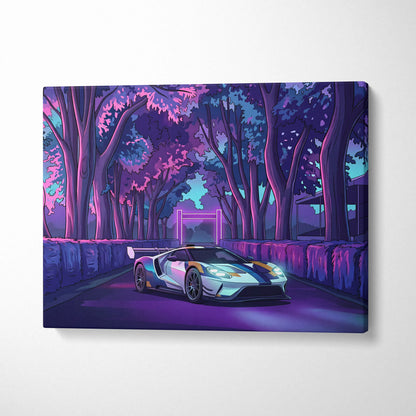 Ford GT Inspired White Blue Canvas Wall Art, Vaporwave Supercar Artwork, Neon Forest Garage Decor, Retro Futuristic Exotic Car Print