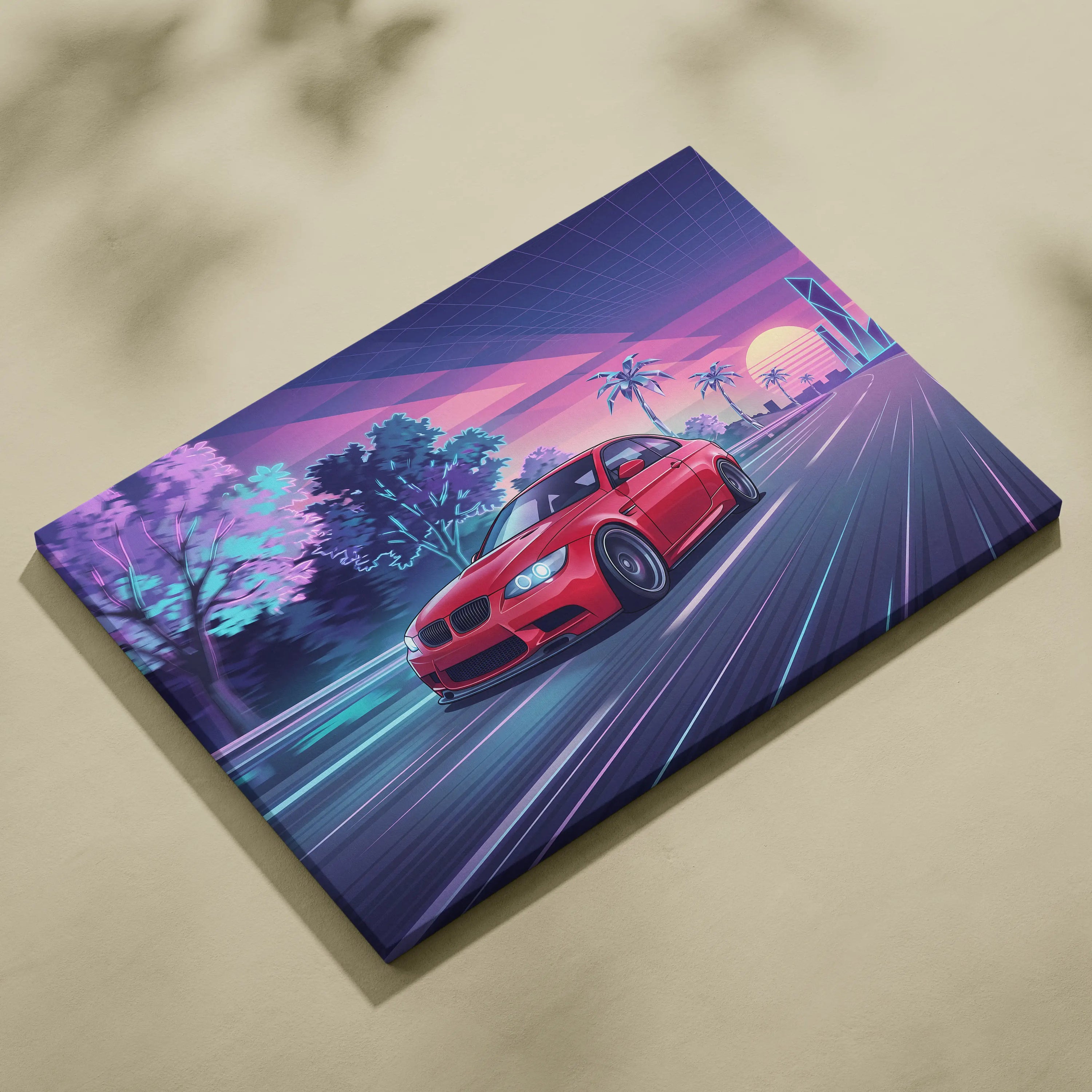 BMW M3 Inspired Neon Sunset Drive Canvas - Car Art Neon Pink Purple Living Room Decor Vaporwave Retro-Futurism - Nostalgic Mood Canvas