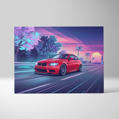 BMW M3 Inspired Neon Sunset Drive Canvas - Car Art Neon Pink Purple Living Room Decor Vaporwave Retro-Futurism - Nostalgic Mood Canvas