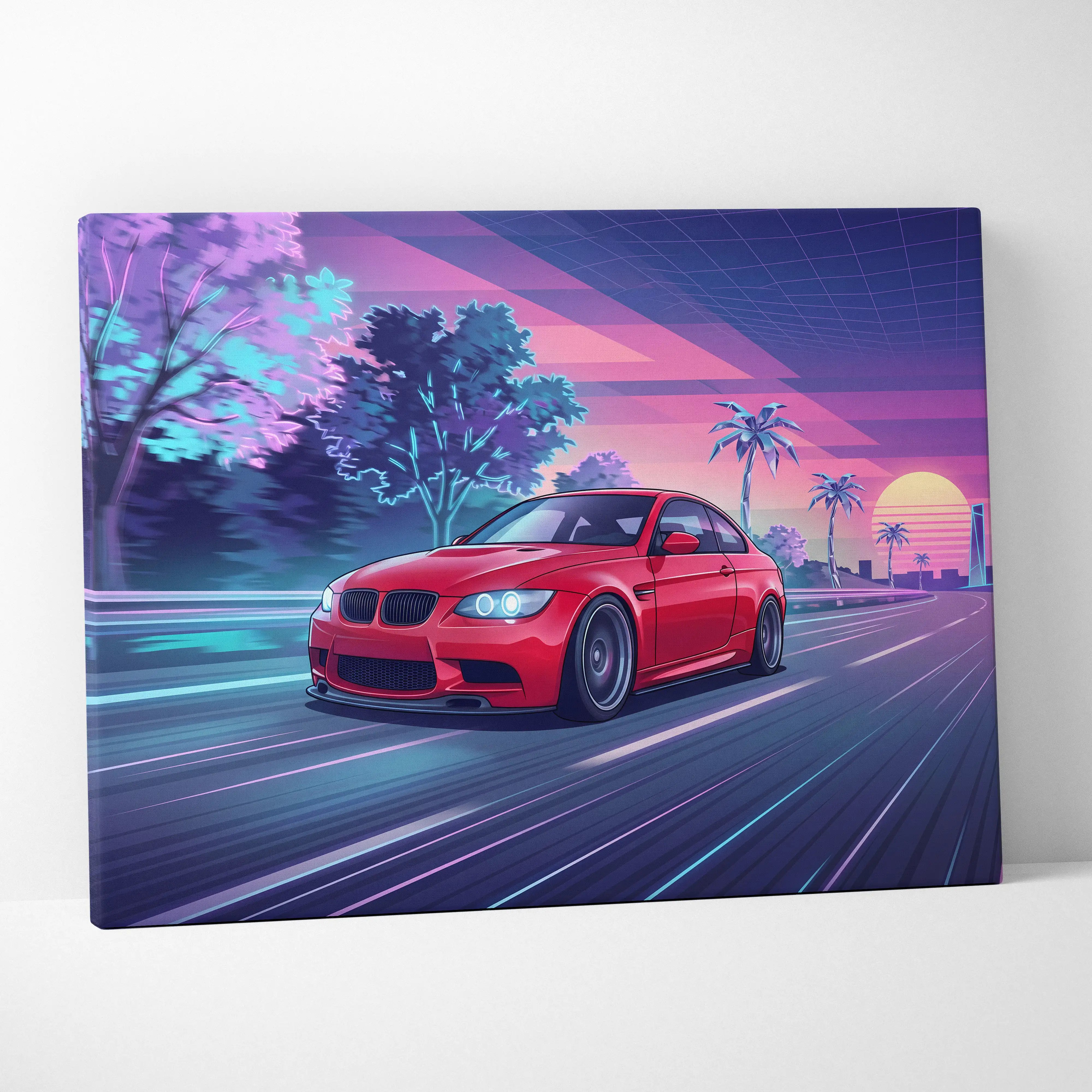 BMW M3 Inspired Neon Sunset Drive Canvas - Car Art Neon Pink Purple Living Room Decor Vaporwave Retro-Futurism - Nostalgic Mood Canvas