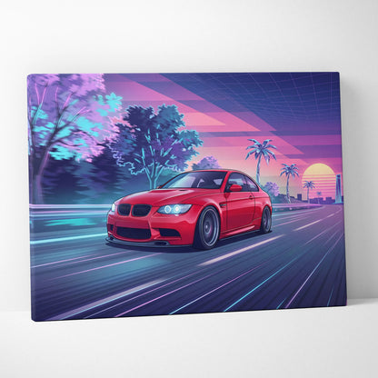 BMW M3 Inspired Neon Sunset Drive Canvas - Car Art Neon Pink Purple Living Room Decor Vaporwave Retro-Futurism - Nostalgic Mood Canvas