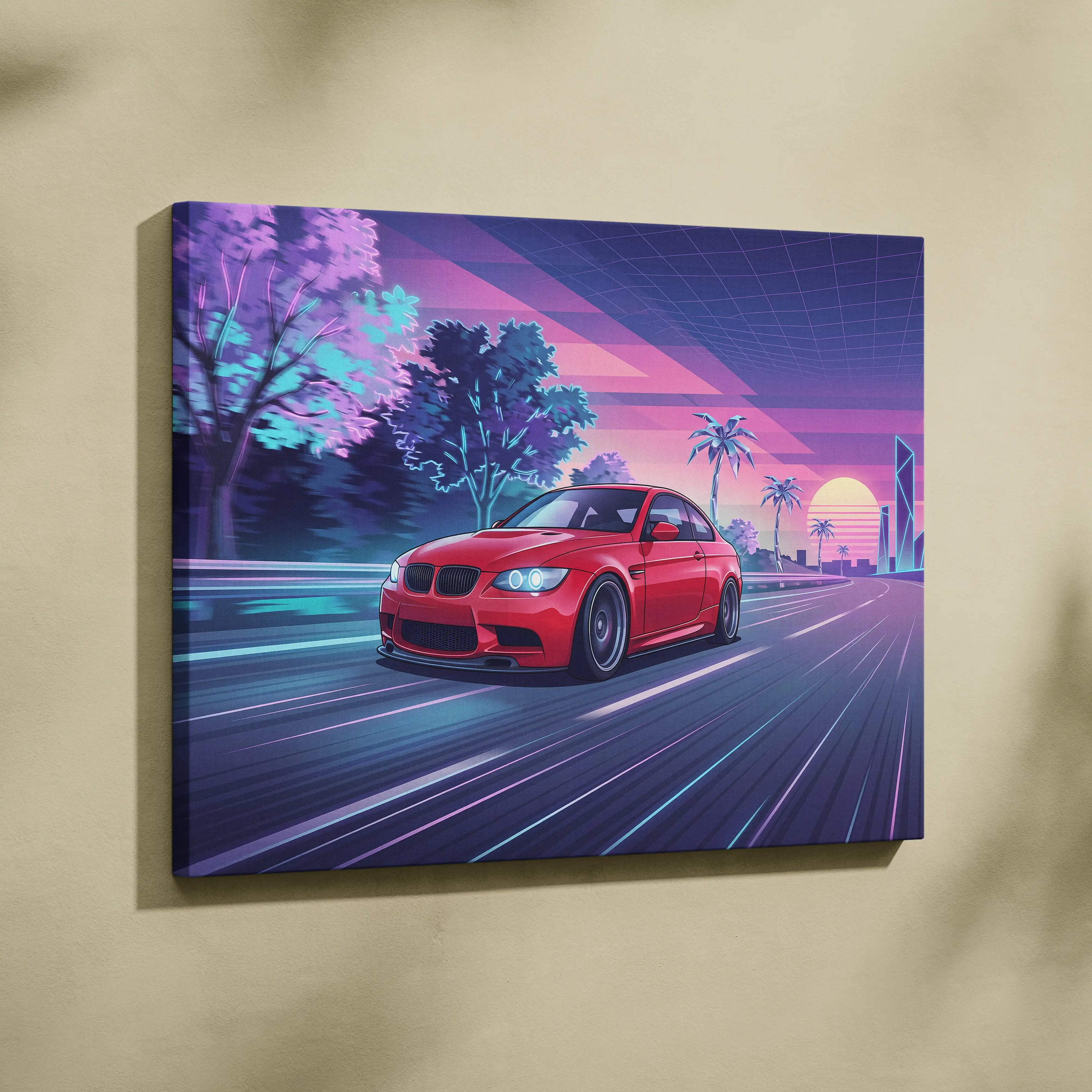 BMW M3 Inspired Neon Sunset Drive Canvas - Car Art Neon Pink Purple Living Room Decor Vaporwave Retro-Futurism - Nostalgic Mood Canvas
