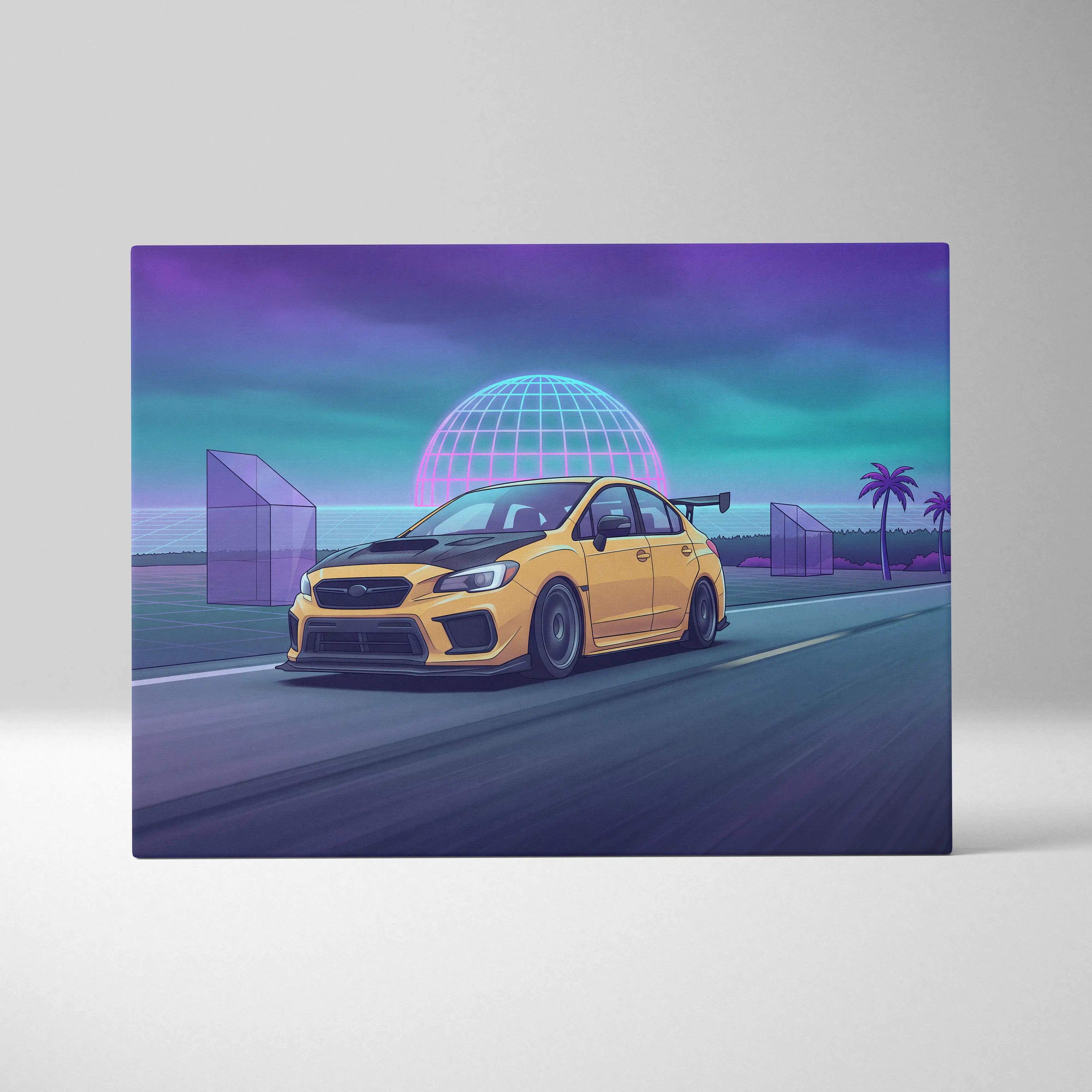 Vibrant yellow subaru wrx sti sedan with black accents and rear spoiler in a neon purple teal cyberpunk art scene