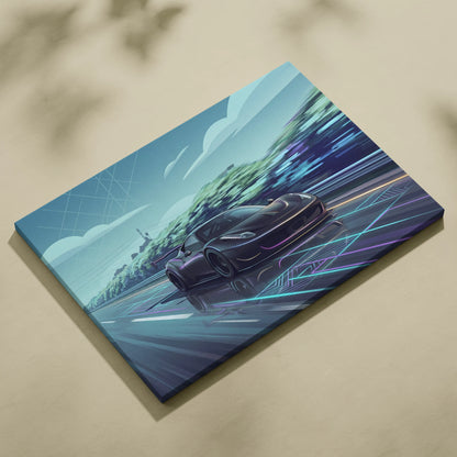 Ferrari 458 Inspired Vaporwave Neon Skyline Ride - Car Art Print Neon Blue Pink Living Room Vaporwave Canvas