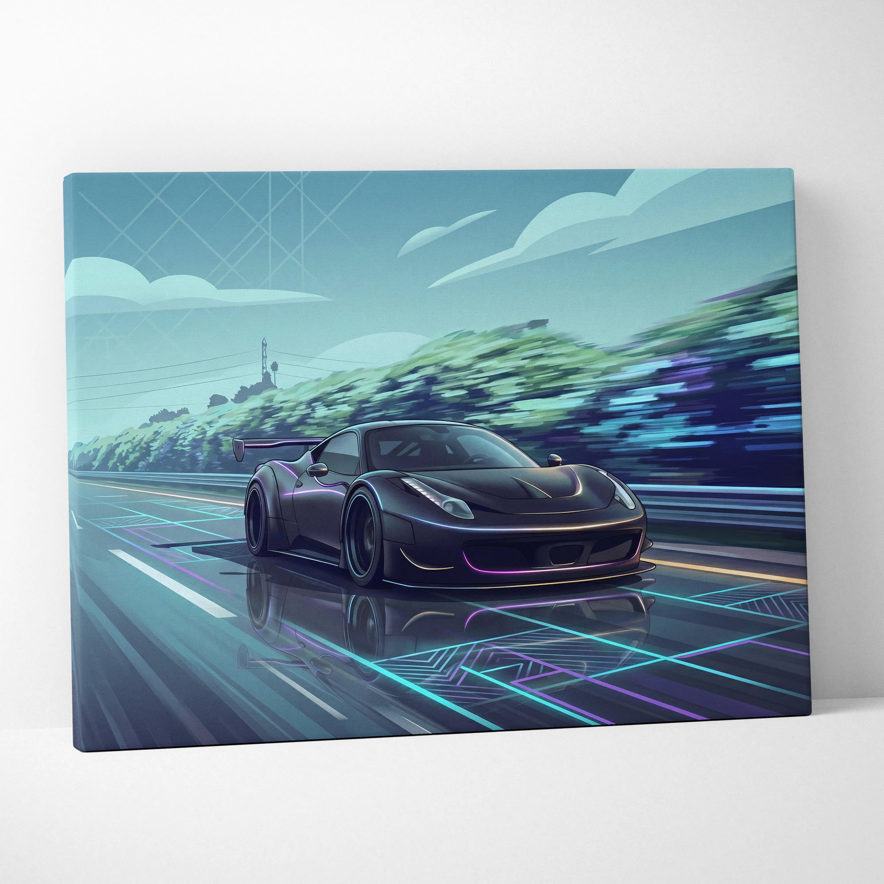 Ferrari 458 Inspired Vaporwave Neon Skyline Ride - Car Art Print Neon Blue Pink Living Room Vaporwave Canvas