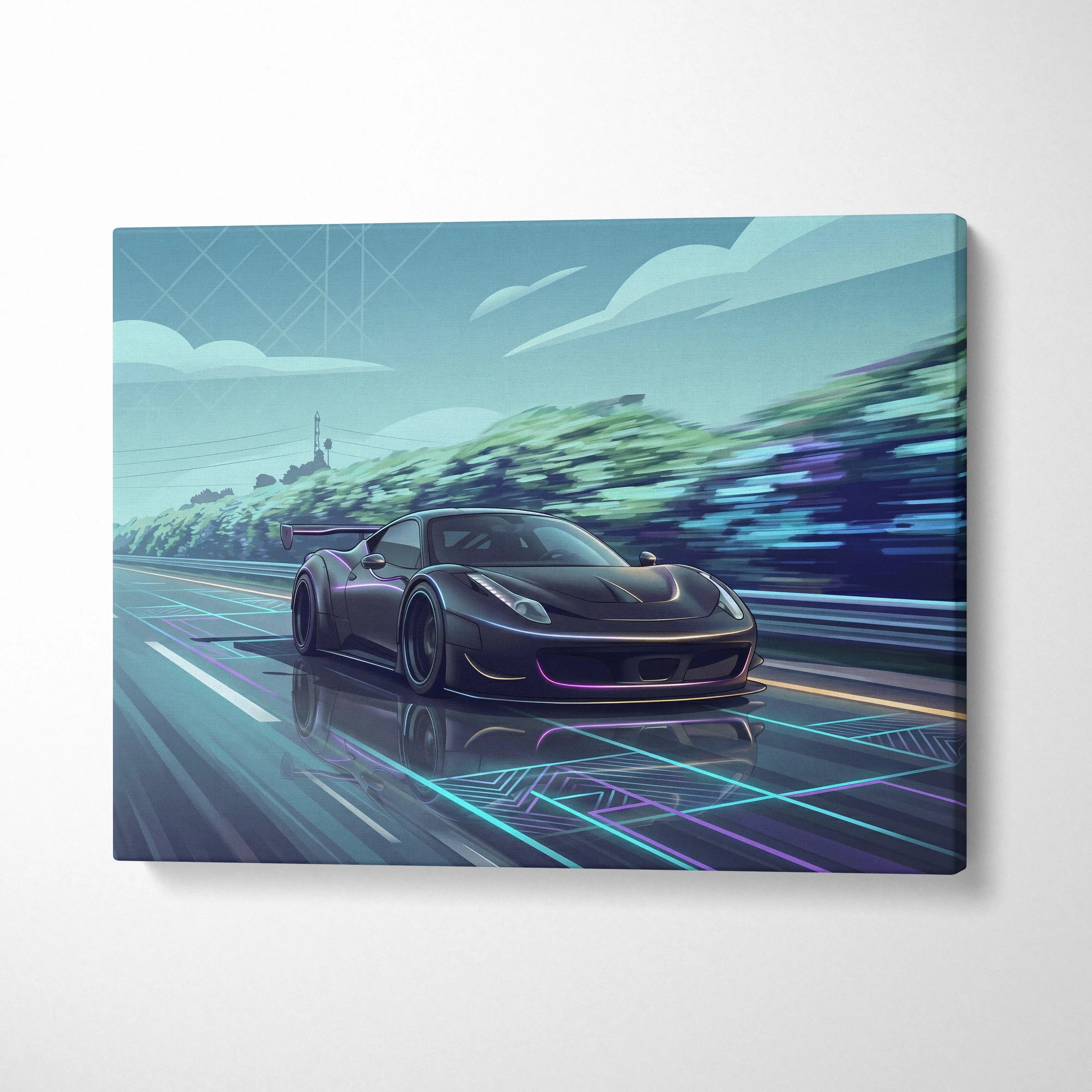 A sleek black Ferrari 458 inspired sports car with neon blue and pink accents races on a futuristic road art print