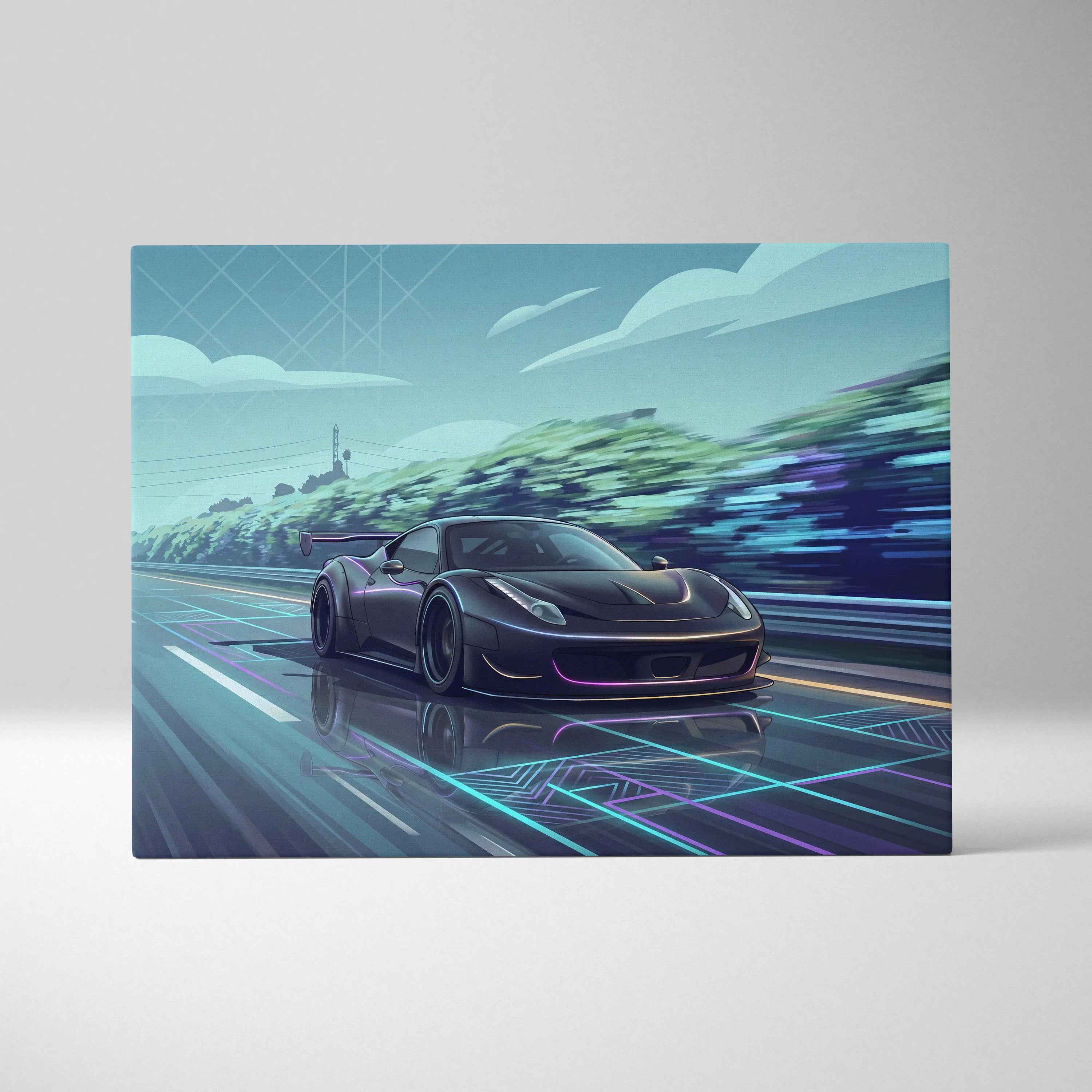 Ferrari 458 Inspired Vaporwave Neon Skyline Ride - Car Art Print Neon Blue Pink Living Room Vaporwave Canvas