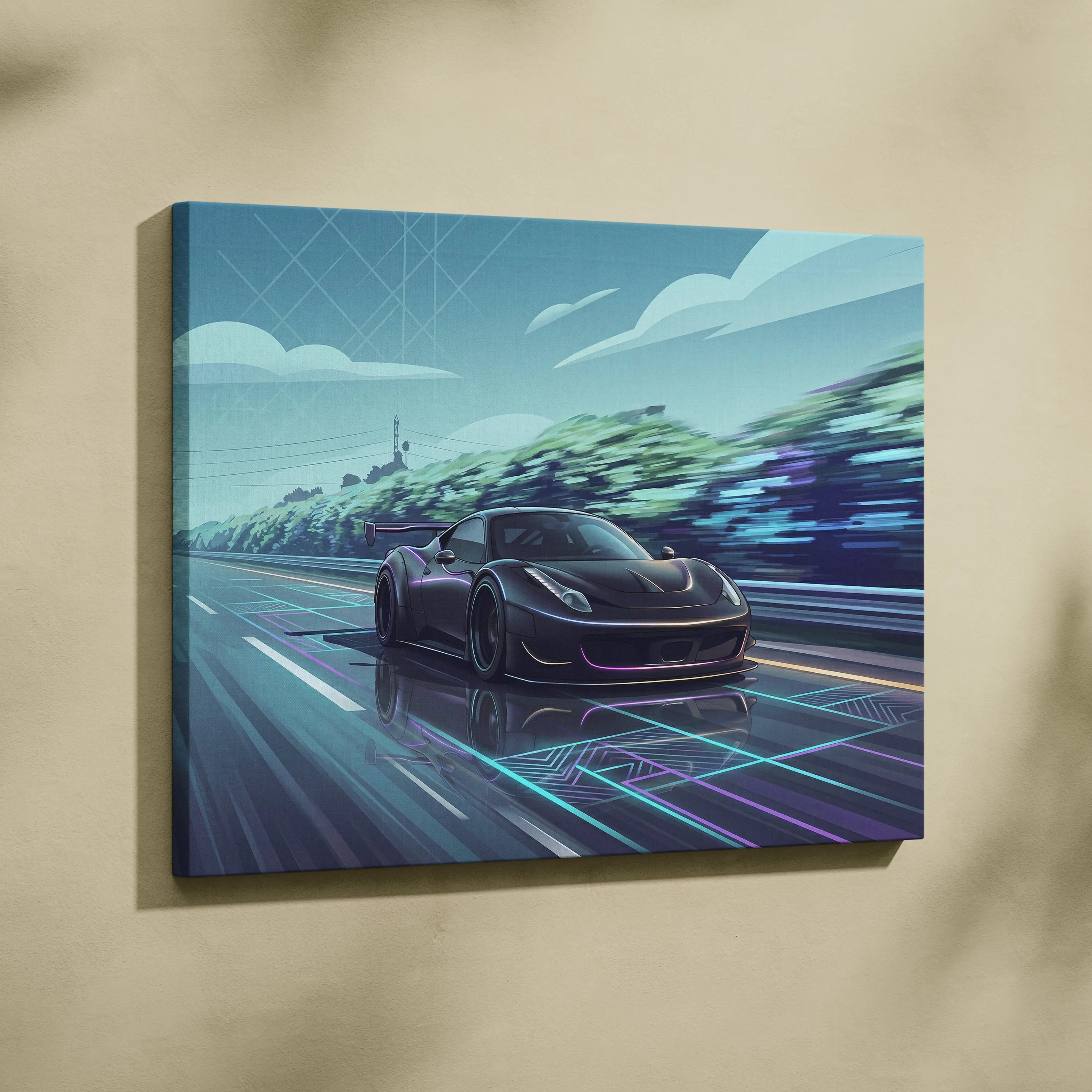 Ferrari 458 Inspired Vaporwave Neon Skyline Ride - Car Art Print Neon Blue Pink Living Room Vaporwave Canvas