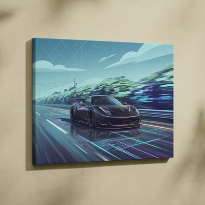 Ferrari 458 Inspired Vaporwave Neon Skyline Ride - Car Art Print Neon Blue Pink Living Room Vaporwave Canvas