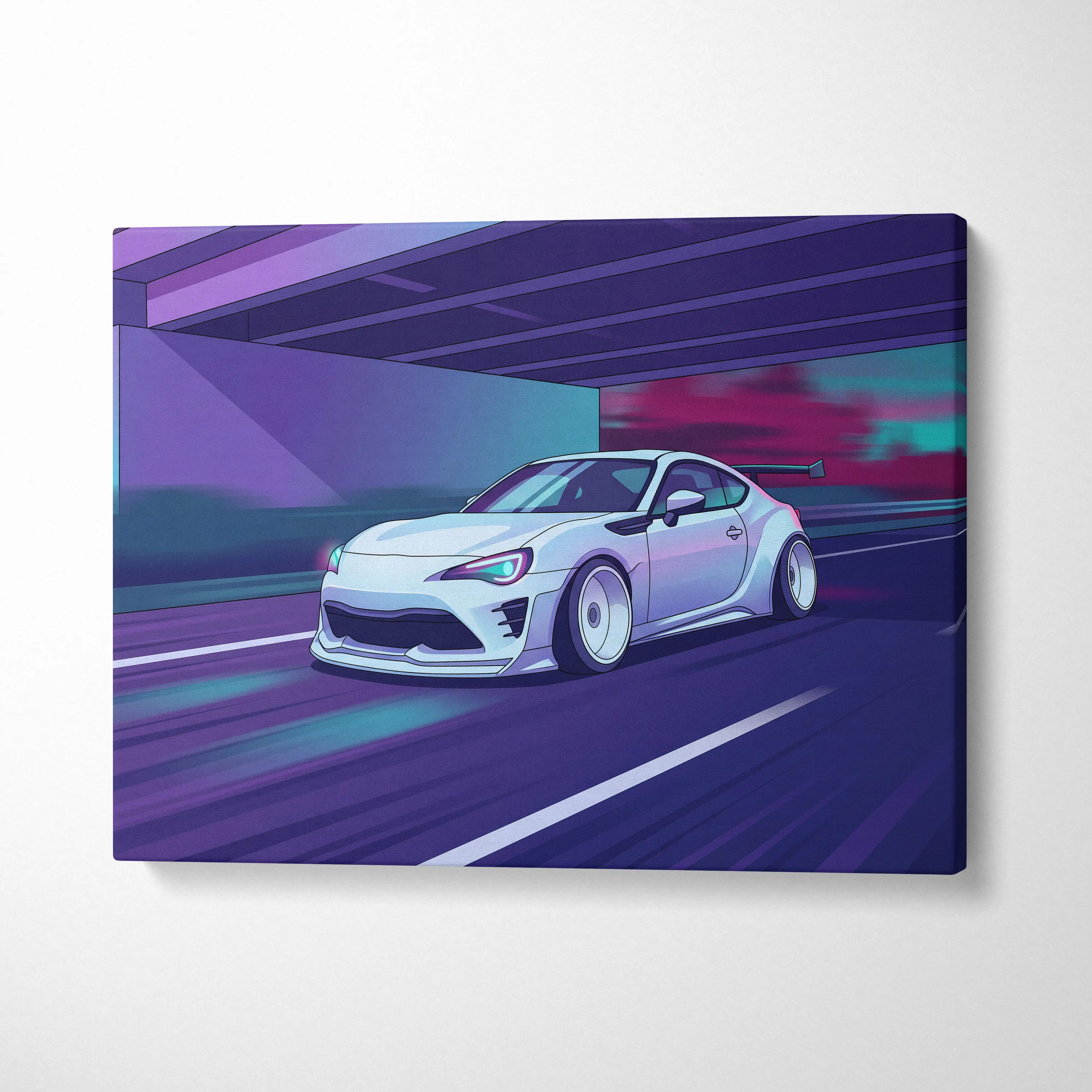 White sports car with sleek aerodynamic design and glowing teal headlights in subaru brz inspired neon vaporwave art