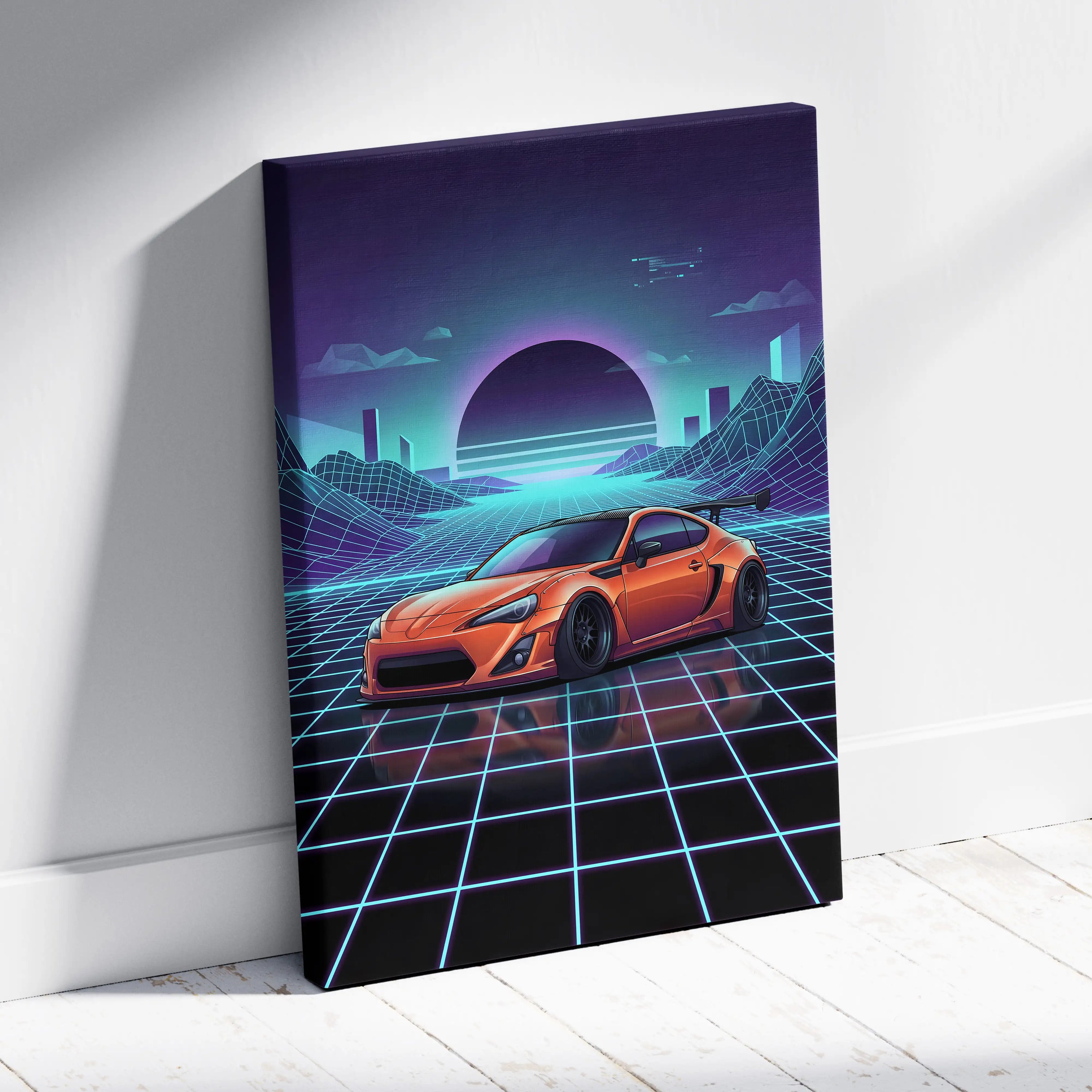 Toyota FT86 Widebody Inspired Neon Vaporwave Cityscape Canvas - Car Art Neon Pink Teal For Living Room Vaporwave Mood
