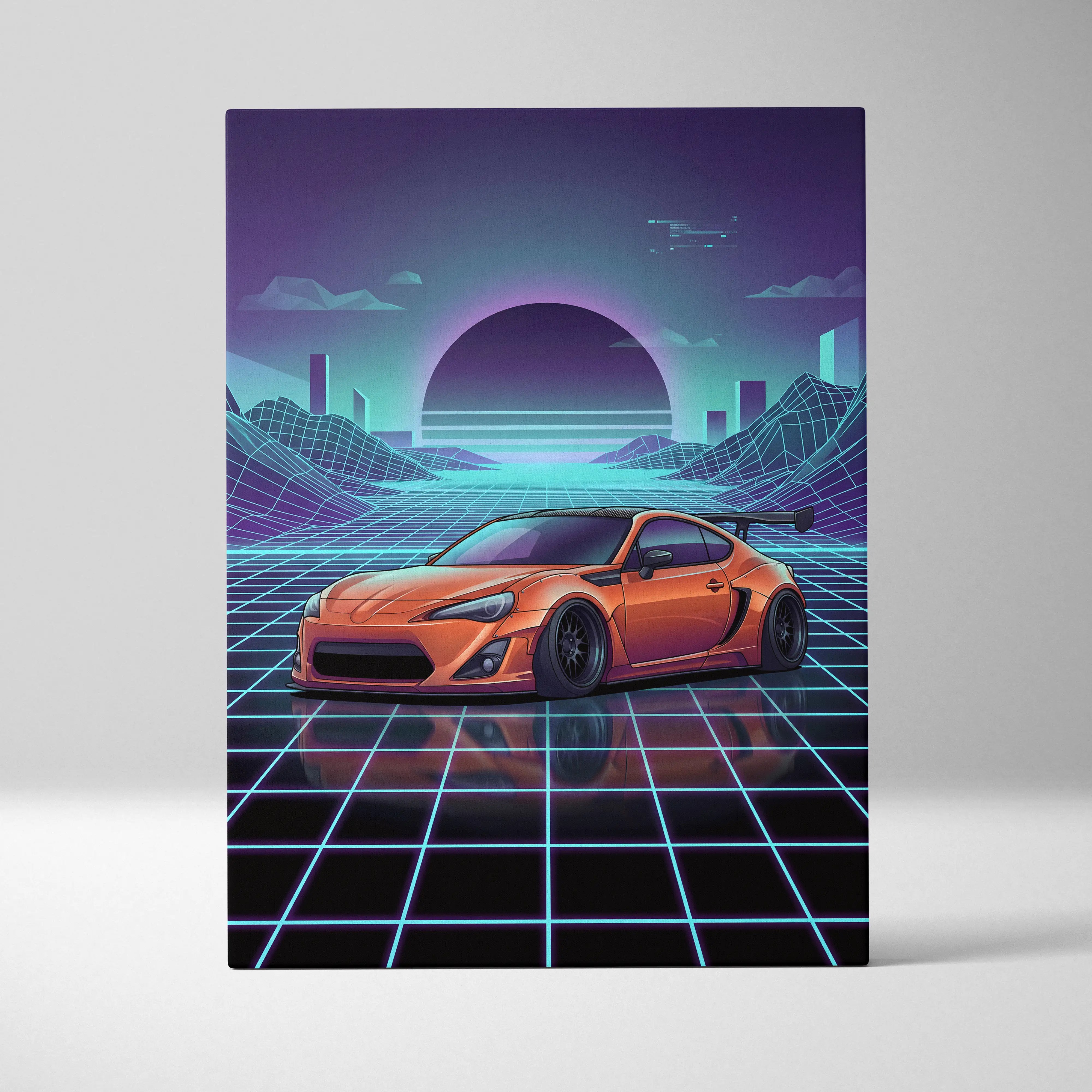 Orange sports car with black rims and rear spoiler in retro-futuristic style on toyota ft86 widebody neon vaporwave canvas