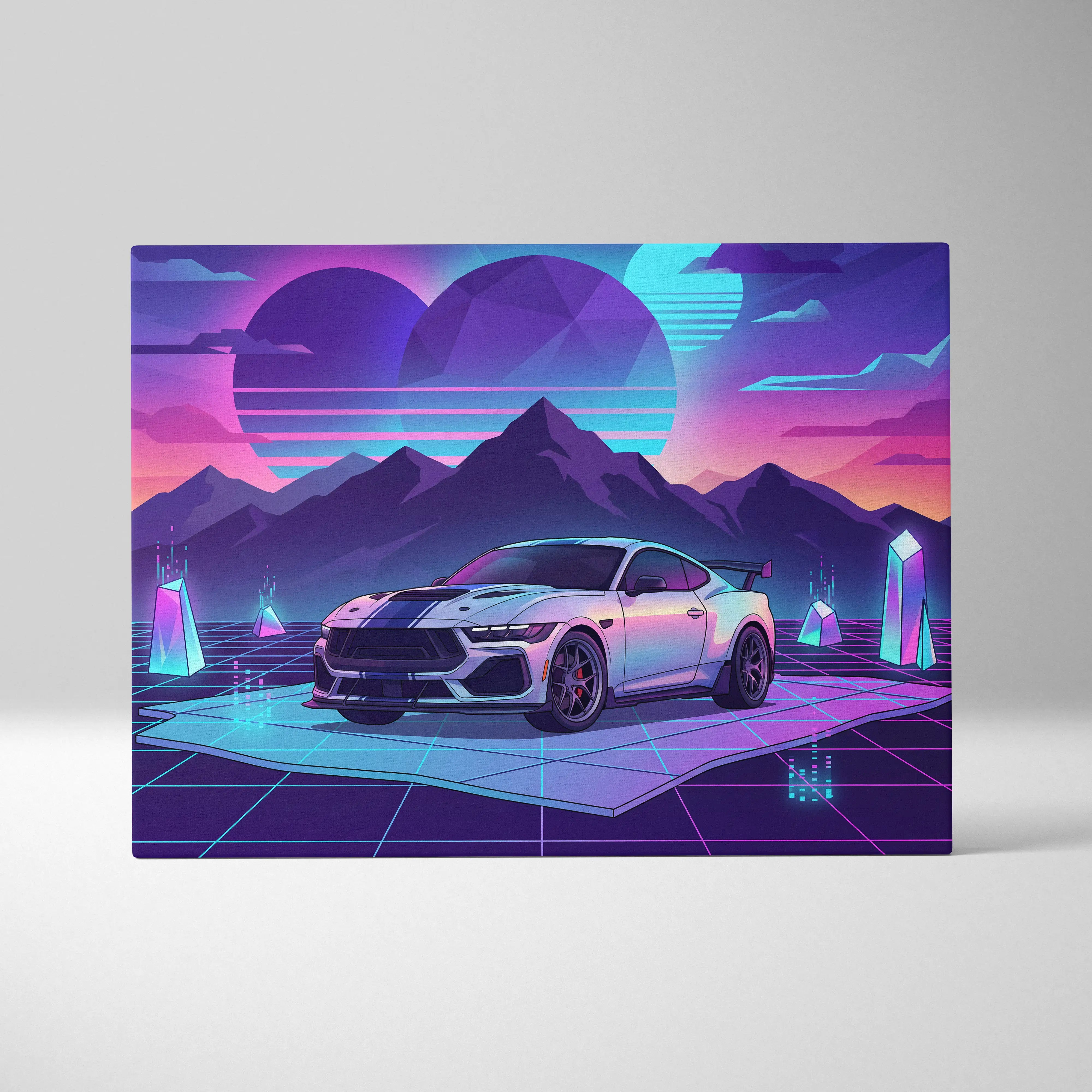 Nostalgic neon-fueled canvas print of a white Ford Mustang Darkhorse Super Snake with black stripes on retro-futuristic landscape