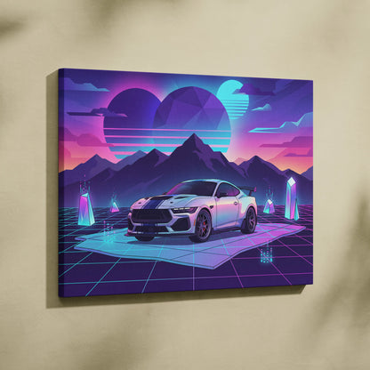 Ford Mustang Darkhorse Super Snake Inspired White Purple Canvas Wall Art, Vaporwave Muscle Car Artwork, Neon Mountain Garage Decor, Retro Futuristic Print
