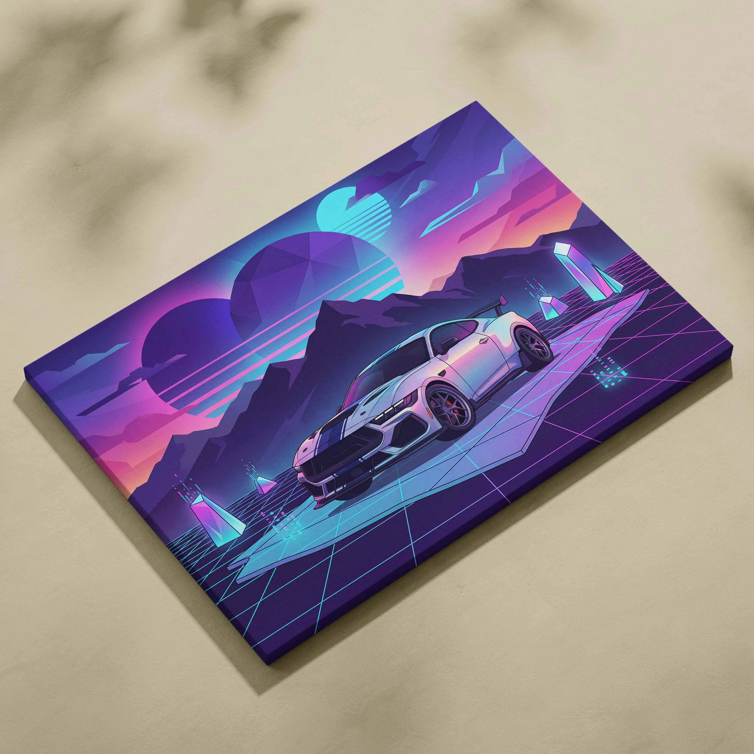 Ford Mustang Darkhorse Super Snake Inspired White Purple Canvas Wall Art, Vaporwave Muscle Car Artwork, Neon Mountain Garage Decor, Retro Futuristic Print