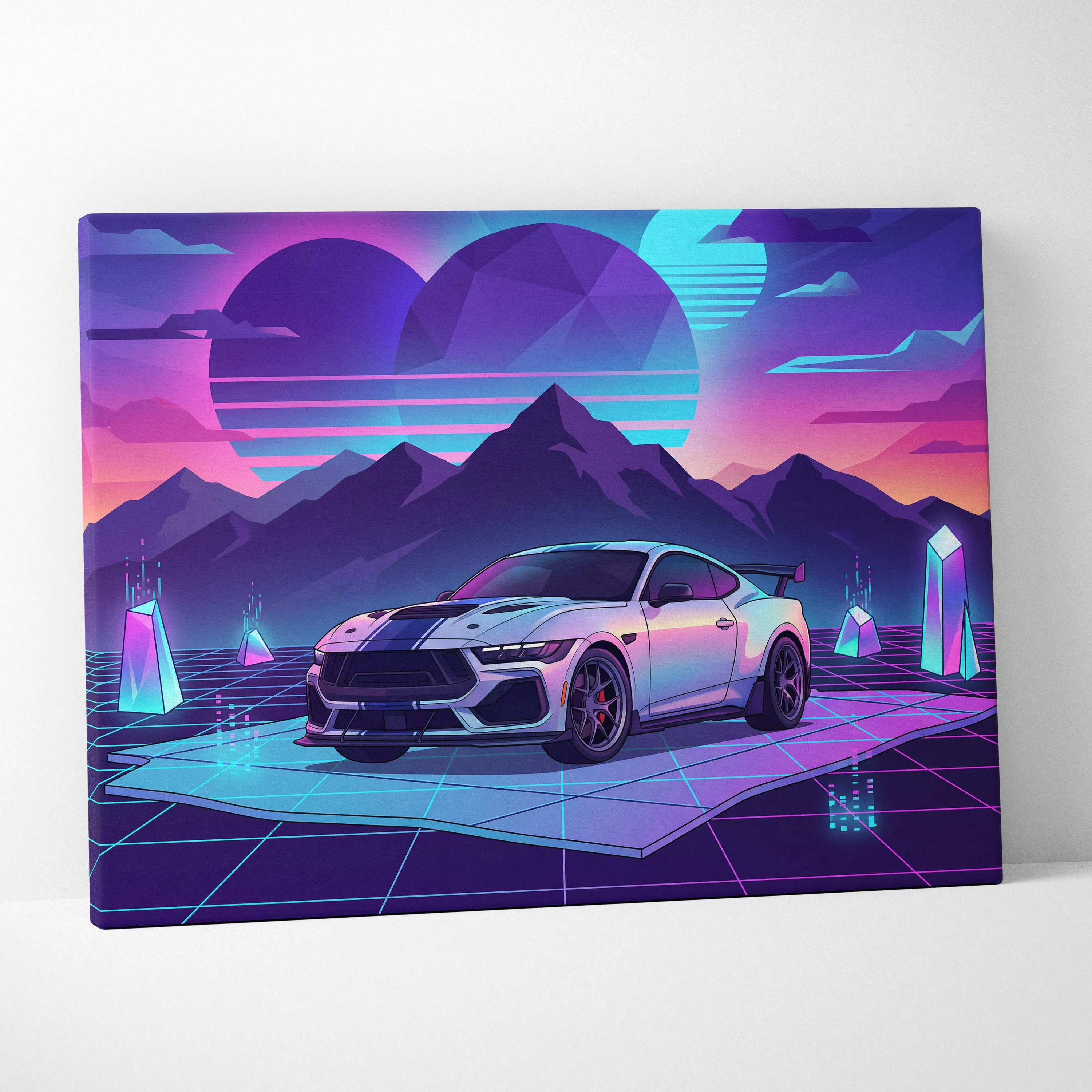 Ford Mustang Darkhorse Super Snake Inspired White Purple Canvas Wall Art, Vaporwave Muscle Car Artwork, Neon Mountain Garage Decor, Retro Futuristic Print