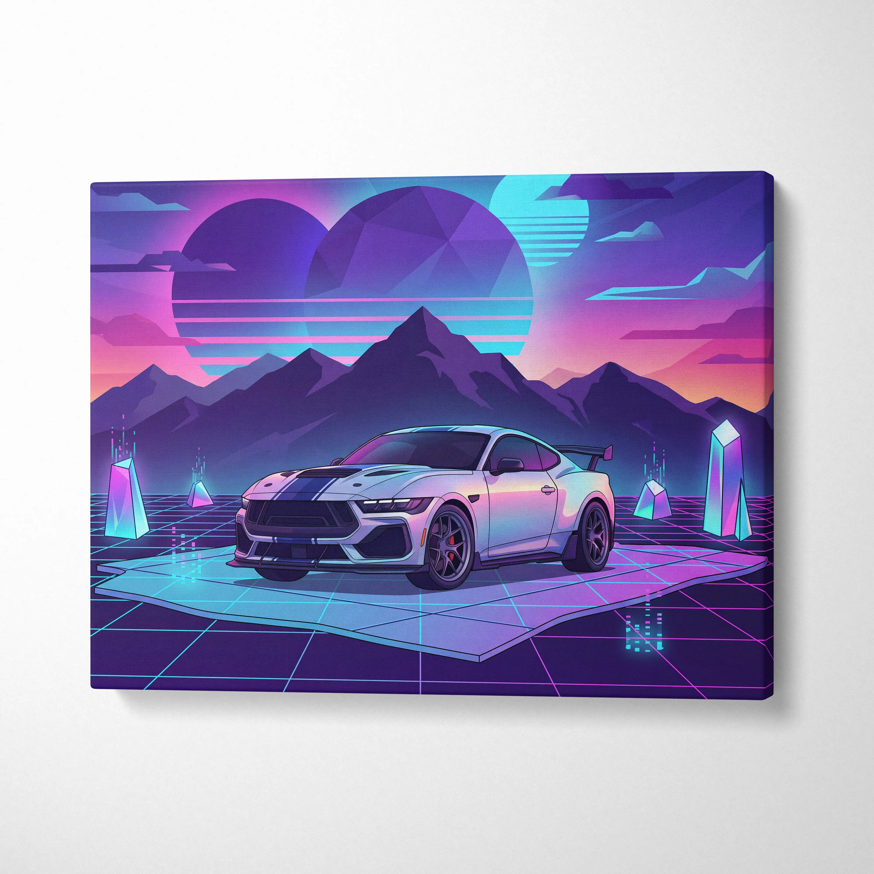 Ford Mustang Darkhorse Super Snake Inspired White Purple Canvas Wall Art, Vaporwave Muscle Car Artwork, Neon Mountain Garage Decor, Retro Futuristic Print