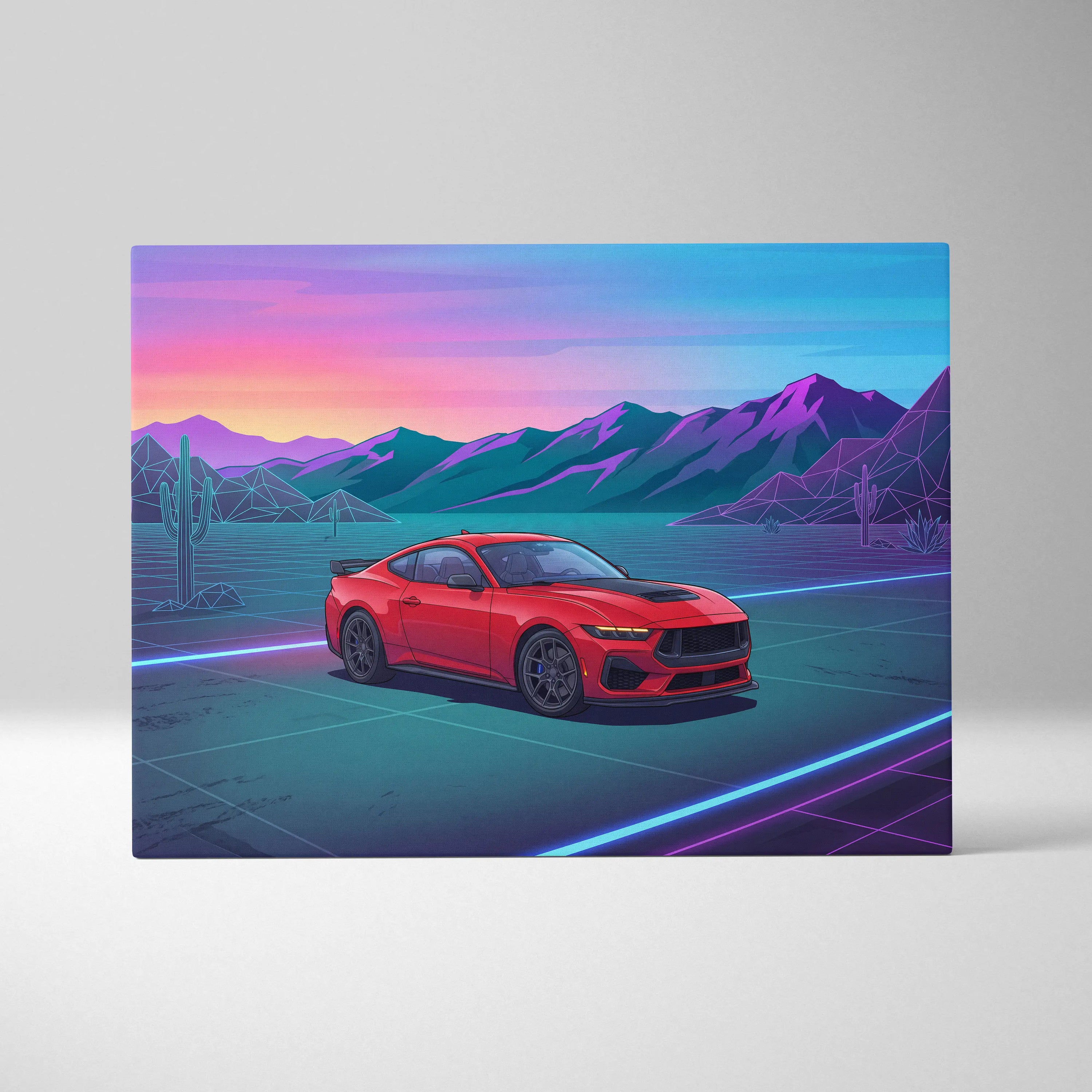 Ford Mustang Inspired Red Blue Canvas Wall Art, Vaporwave Muscle Car Artwork, Neon Desert Sunset Decor, Retro Futuristic Garage Print