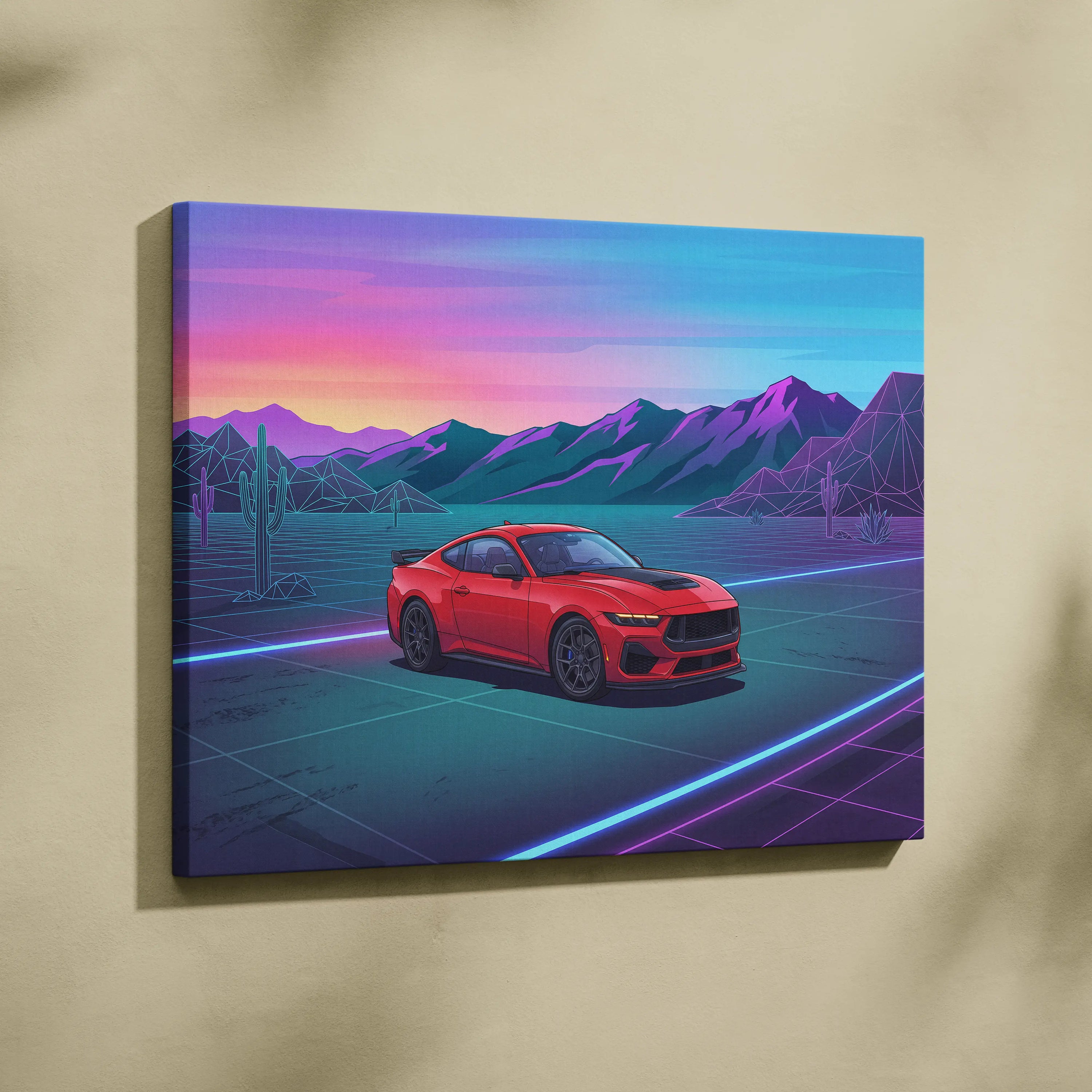 Ford Mustang Inspired Red Blue Canvas Wall Art, Vaporwave Muscle Car Artwork, Neon Desert Sunset Decor, Retro Futuristic Garage Print