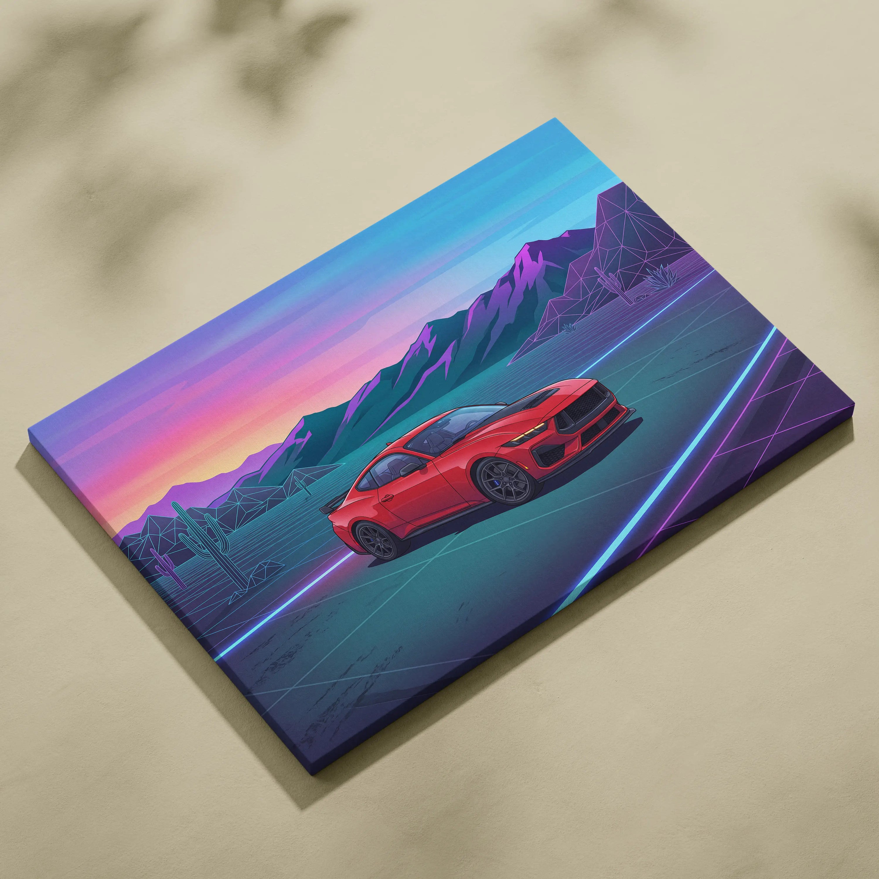 Ford Mustang Inspired Red Blue Canvas Wall Art, Vaporwave Muscle Car Artwork, Neon Desert Sunset Decor, Retro Futuristic Garage Print