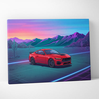 Ford Mustang Inspired Red Blue Canvas Wall Art, Vaporwave Muscle Car Artwork, Neon Desert Sunset Decor, Retro Futuristic Garage Print