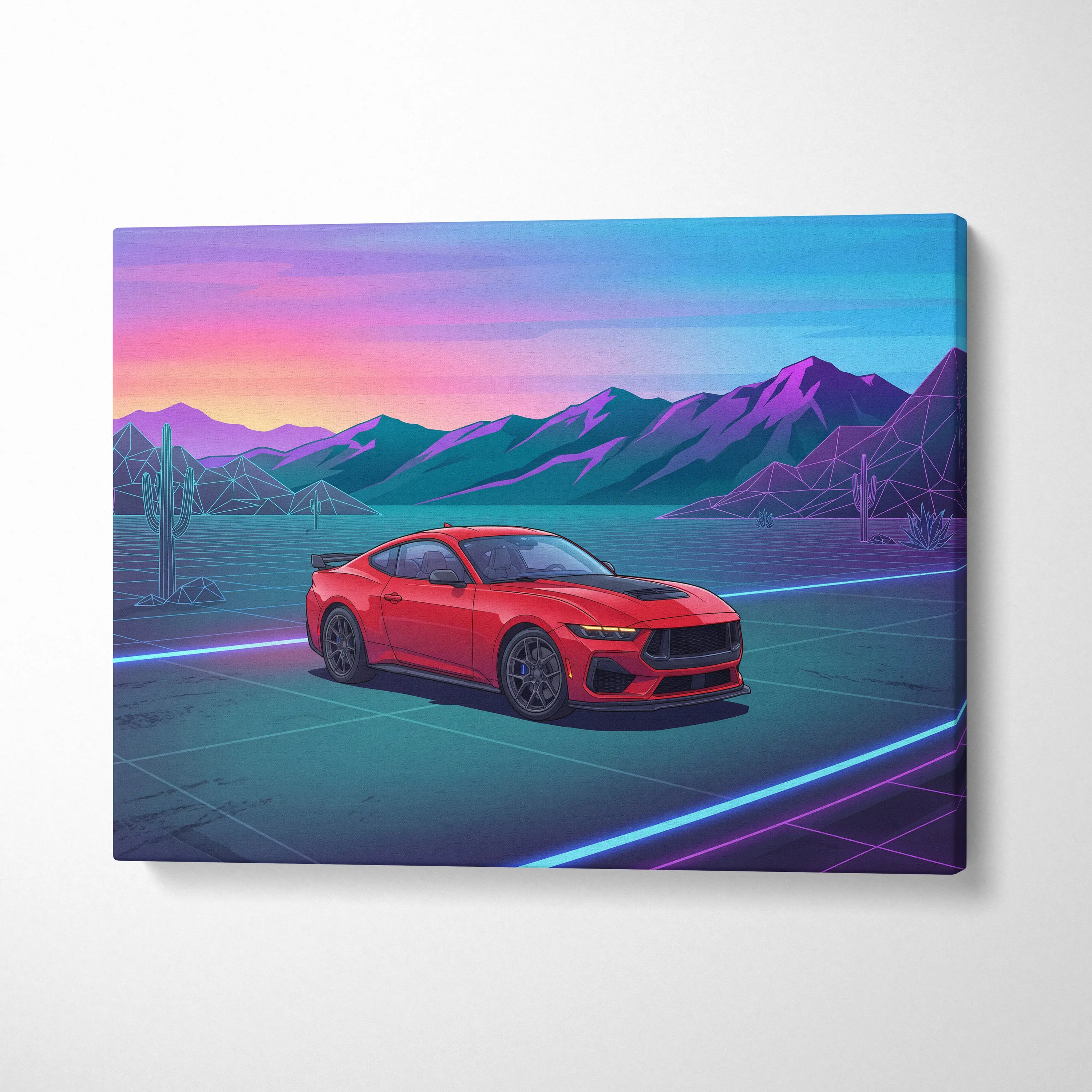 Ford Mustang Inspired Red Blue Canvas Wall Art, Vaporwave Muscle Car Artwork, Neon Desert Sunset Decor, Retro Futuristic Garage Print