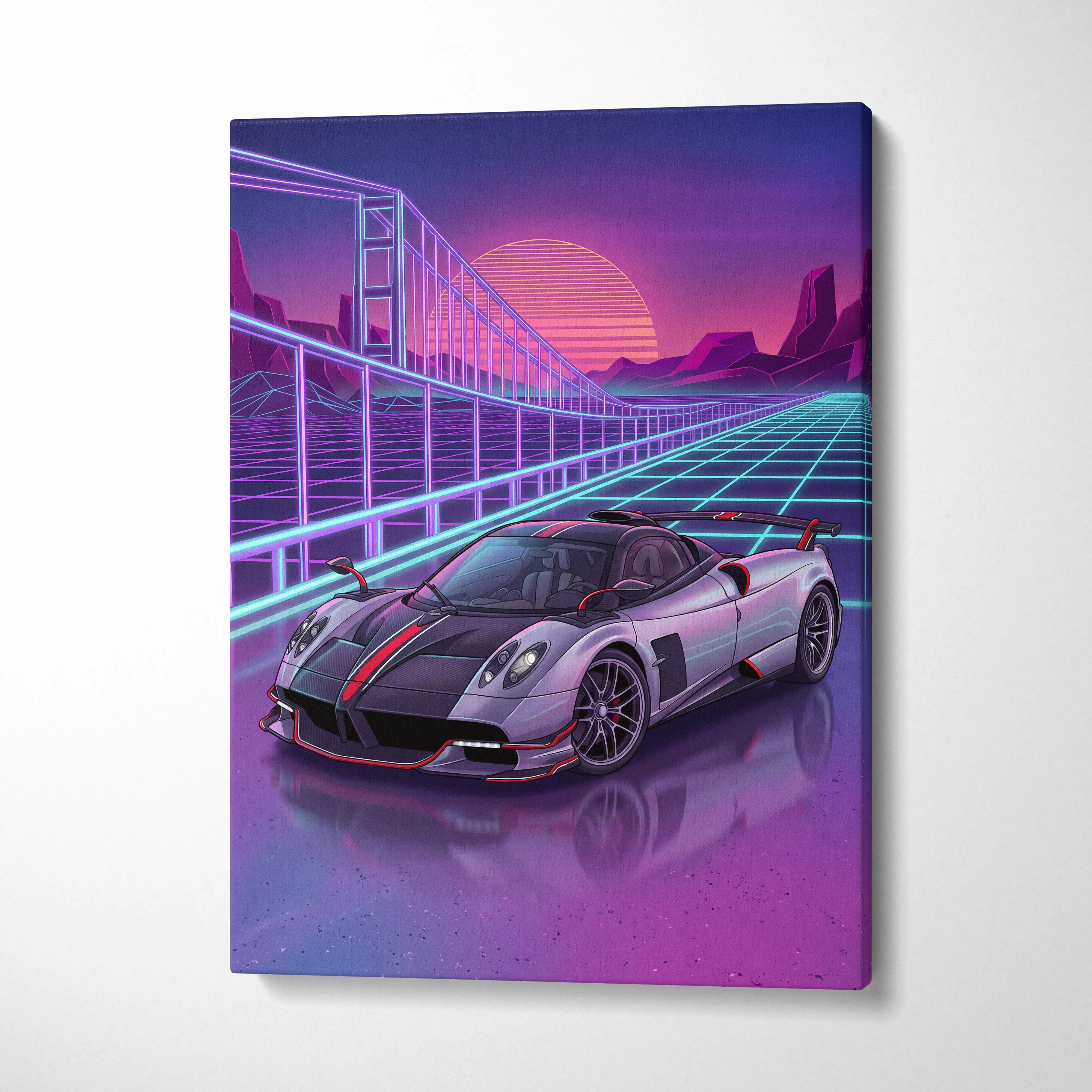 Pagani Huayra Neon Vaporwave Skyline Canvas -Car Art Neon Pink Teal Living Room Vaporwave NostalgicGlow