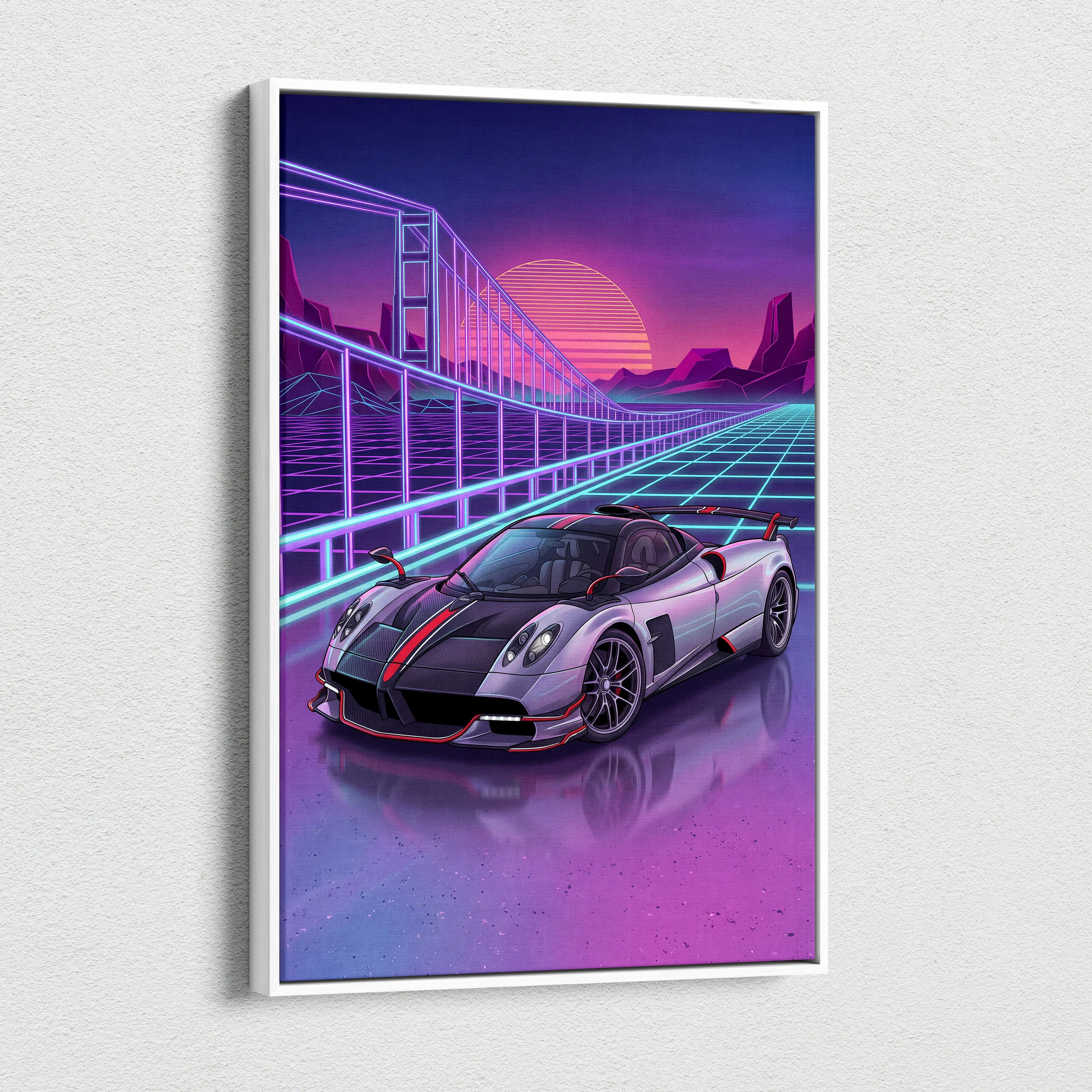 Pagani Huayra Neon Vaporwave Skyline Canvas -Car Art Neon Pink Teal Living Room Vaporwave NostalgicGlow
