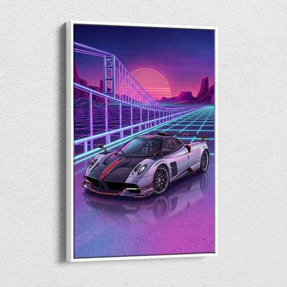 Pagani Huayra Neon Vaporwave Skyline Canvas -Car Art Neon Pink Teal Living Room Vaporwave NostalgicGlow