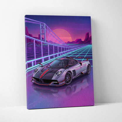 Pagani Huayra Neon Vaporwave Skyline Canvas -Car Art Neon Pink Teal Living Room Vaporwave NostalgicGlow