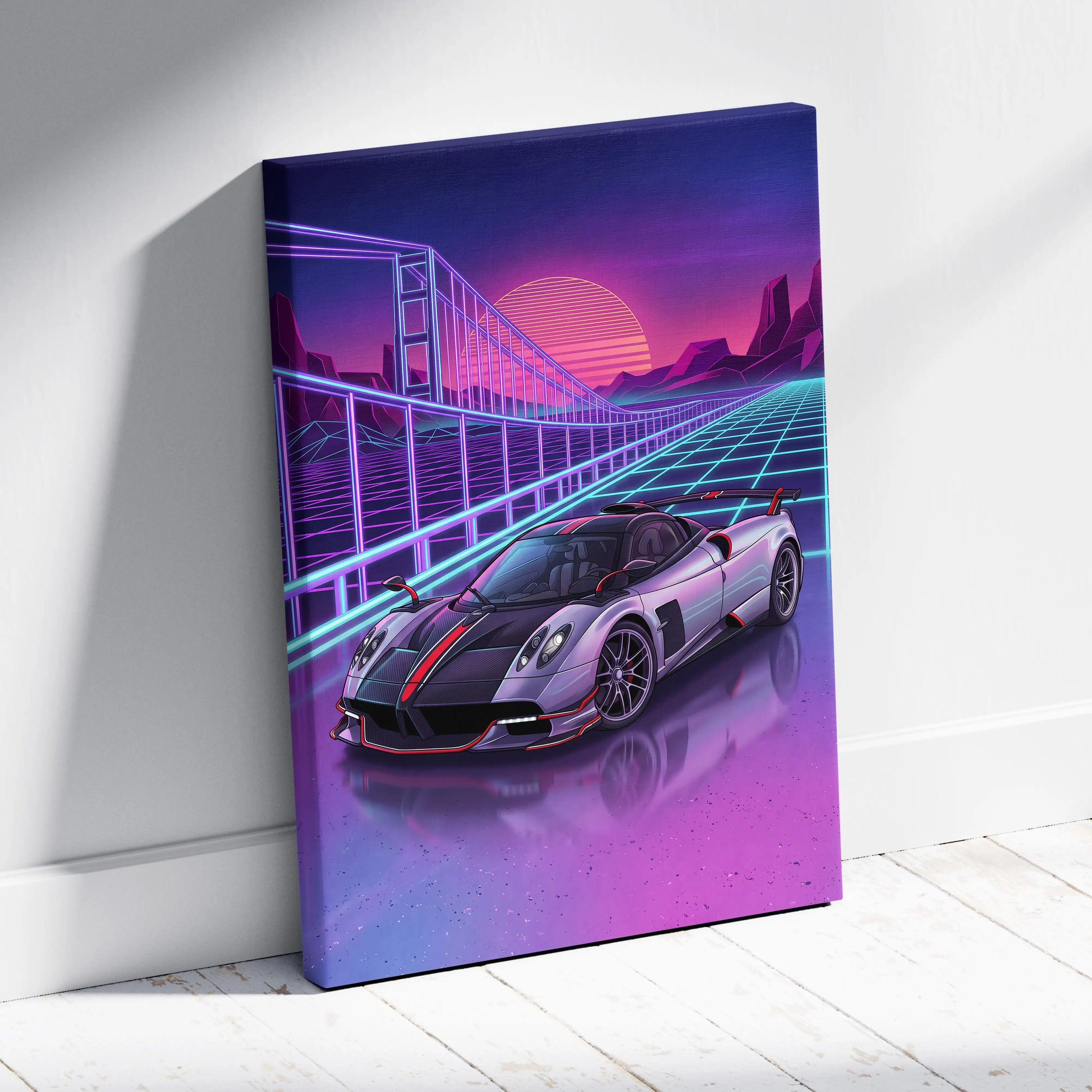 Pagani Huayra Neon Vaporwave Skyline Canvas -Car Art Neon Pink Teal Living Room Vaporwave NostalgicGlow