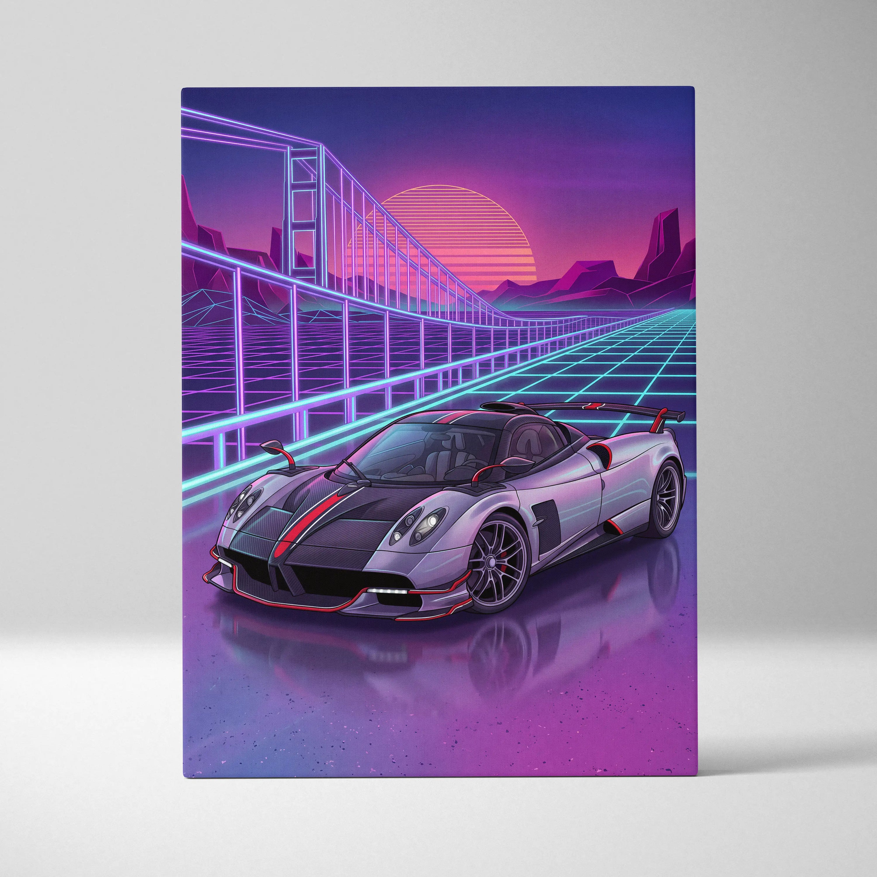 Pagani Huayra Neon Vaporwave Skyline Canvas -Car Art Neon Pink Teal Living Room Vaporwave NostalgicGlow