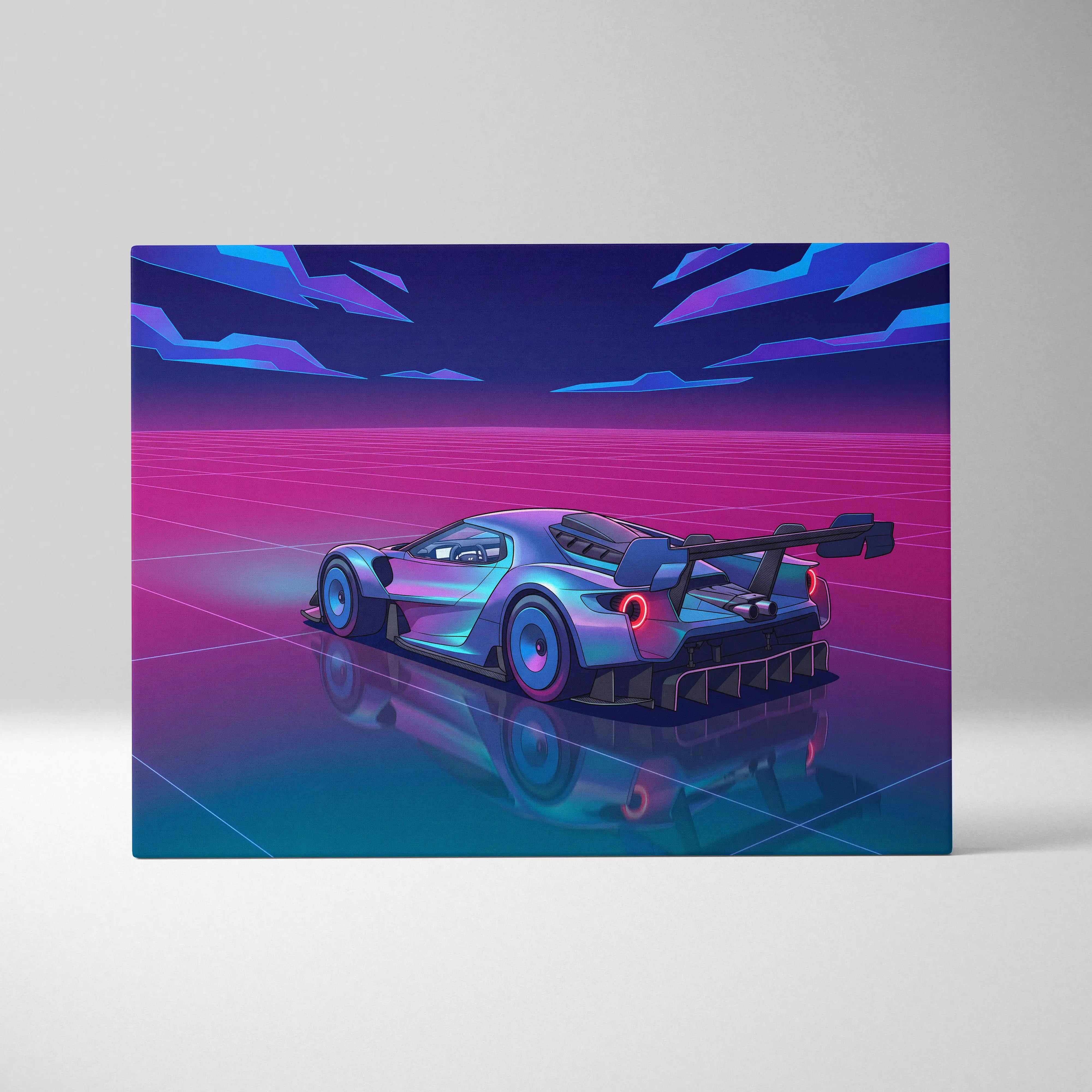 Ford gt inspired silver pink canvas wall art featuring a nebula-themed blue and purple race car under neon pink skies