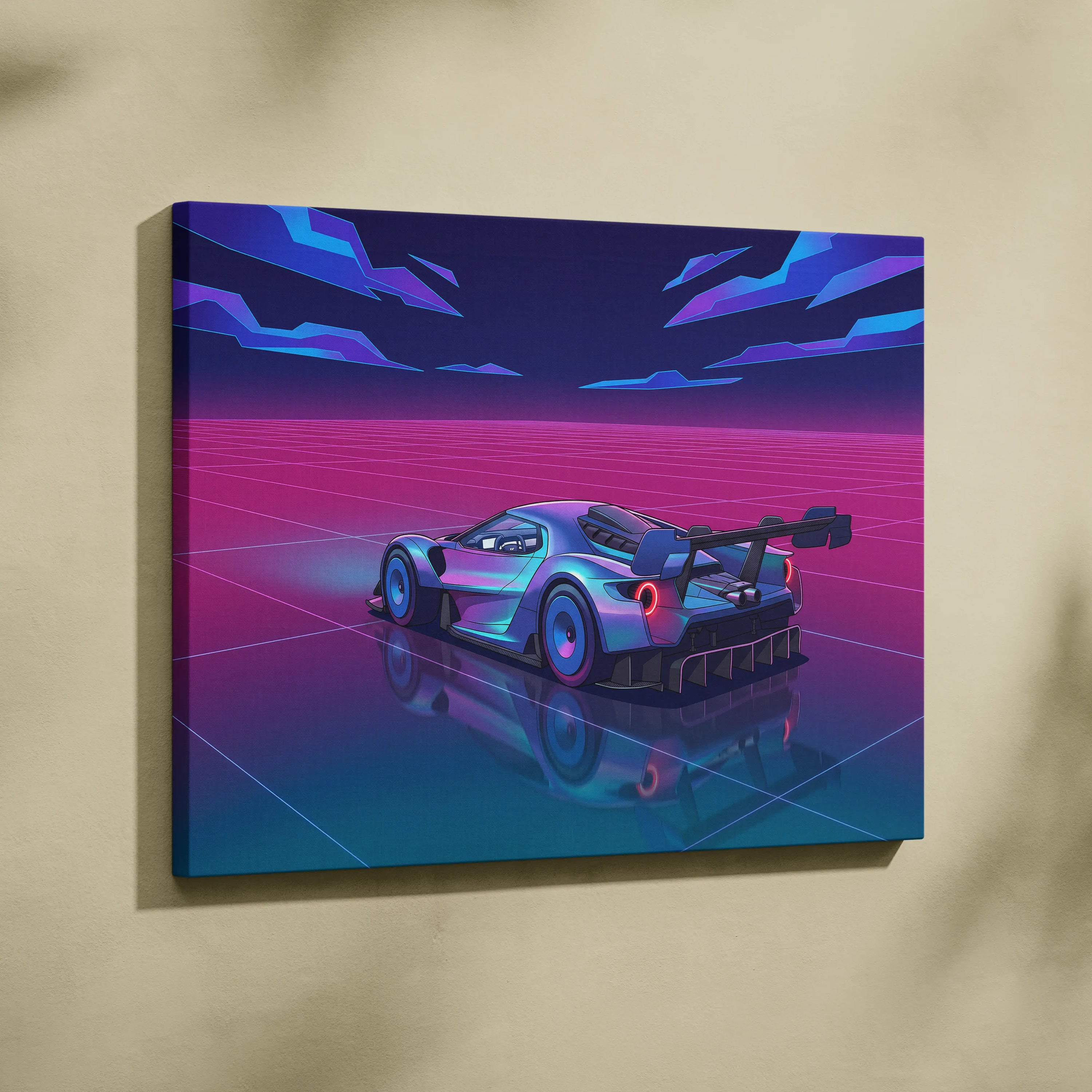 Ford GT Inspired Silver Pink Canvas Wall Art, Vaporwave Supercar Artwork, Neon Grid Garage Decor, Retro Futuristic Exotic Car Print