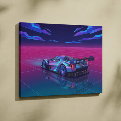 Ford GT Inspired Silver Pink Canvas Wall Art, Vaporwave Supercar Artwork, Neon Grid Garage Decor, Retro Futuristic Exotic Car Print