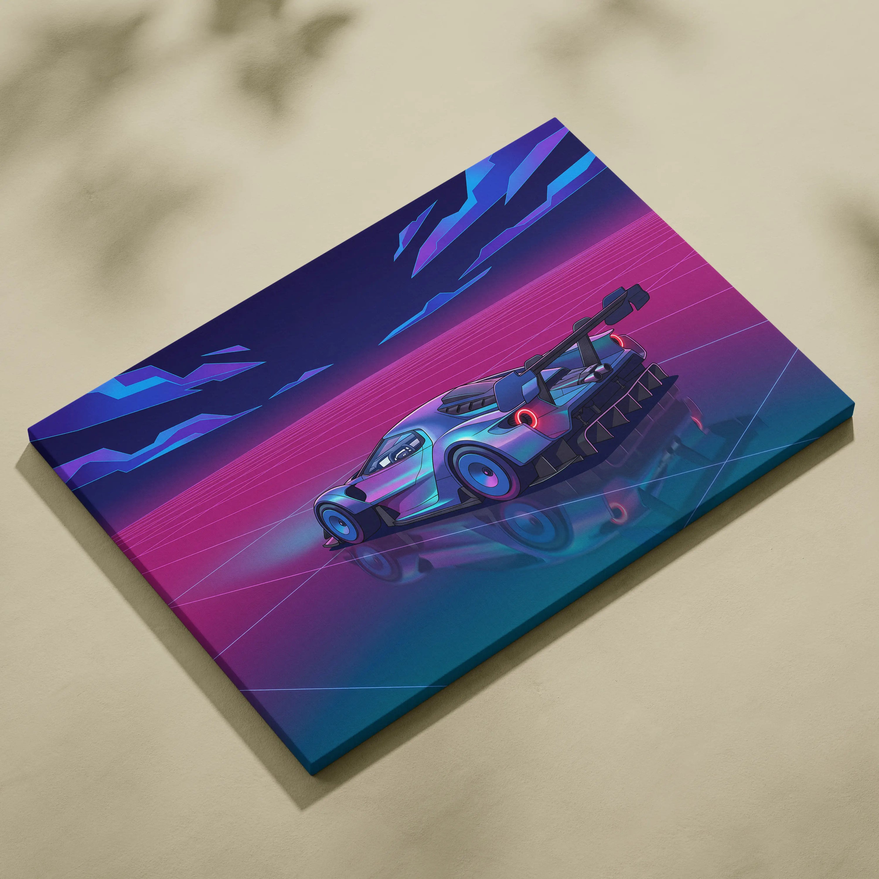 Ford GT Inspired Silver Pink Canvas Wall Art, Vaporwave Supercar Artwork, Neon Grid Garage Decor, Retro Futuristic Exotic Car Print