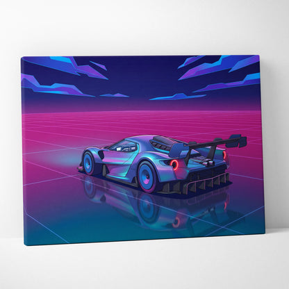 Ford GT Inspired Silver Pink Canvas Wall Art, Vaporwave Supercar Artwork, Neon Grid Garage Decor, Retro Futuristic Exotic Car Print