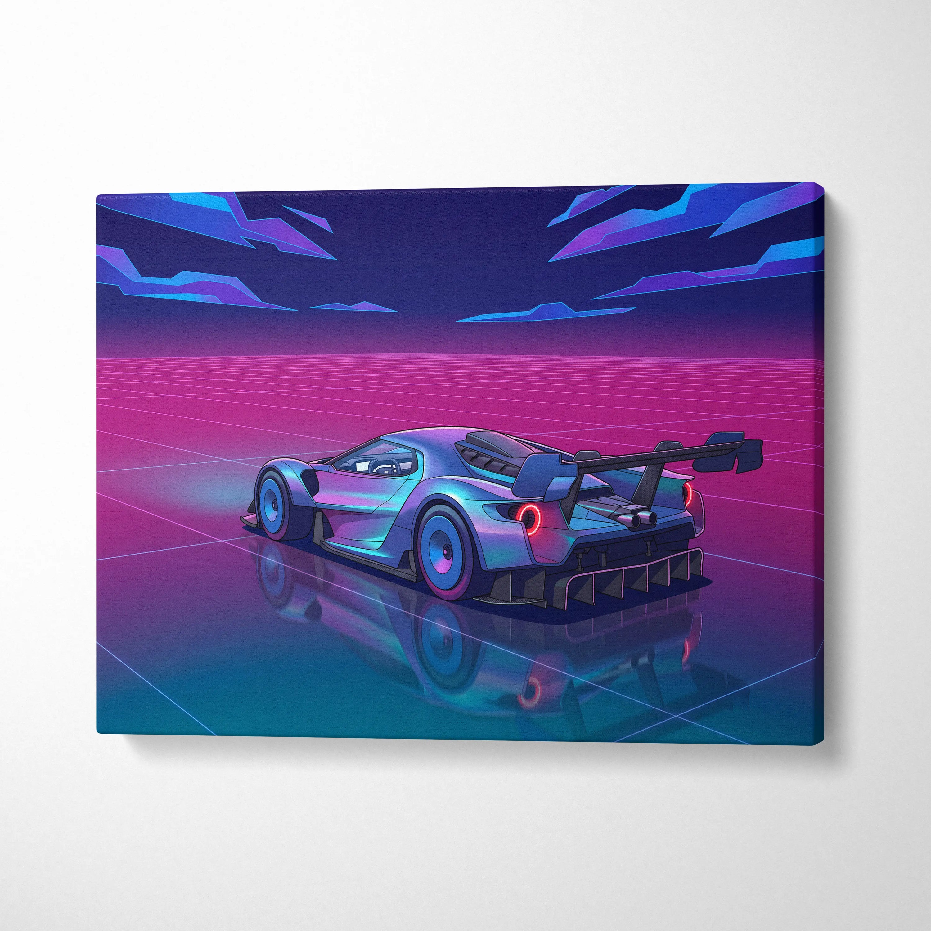 Ford GT Inspired Silver Pink Canvas Wall Art, Vaporwave Supercar Artwork, Neon Grid Garage Decor, Retro Futuristic Exotic Car Print
